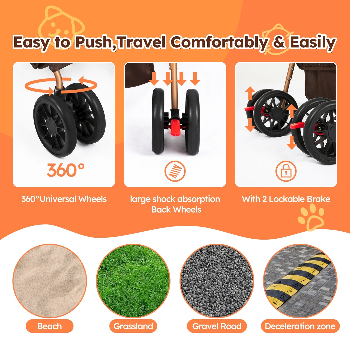 4-Wheel Foldable Pet Stroller 3-in-1 with Waterproof Detachable Travel Carrier for Small to Medium Dogs and Cats up to 60 lbs, Brown