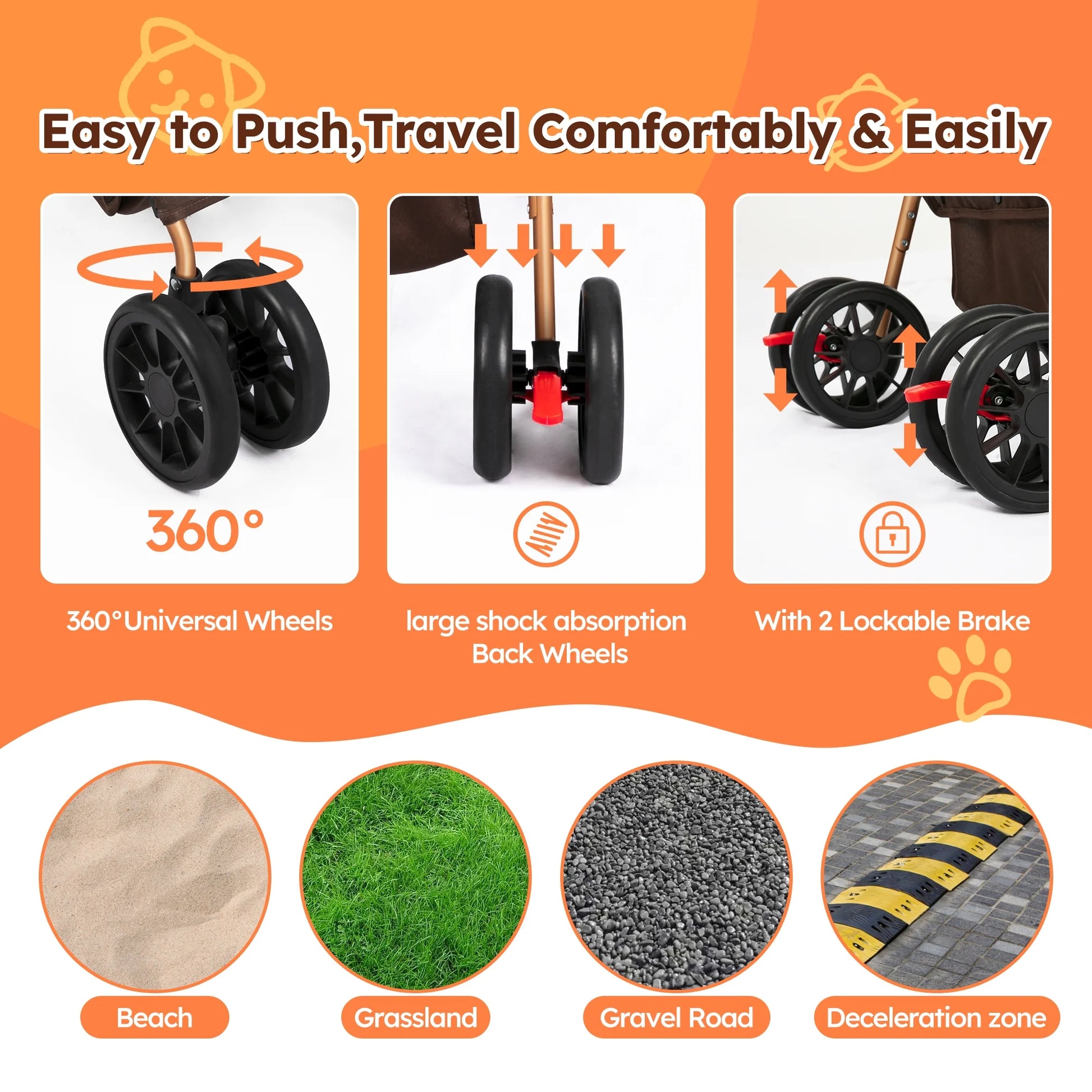 4-Wheel Foldable Pet Stroller 3-in-1 with Waterproof Detachable Travel Carrier for Small to Medium Dogs and Cats up to 60 lbs, Brown