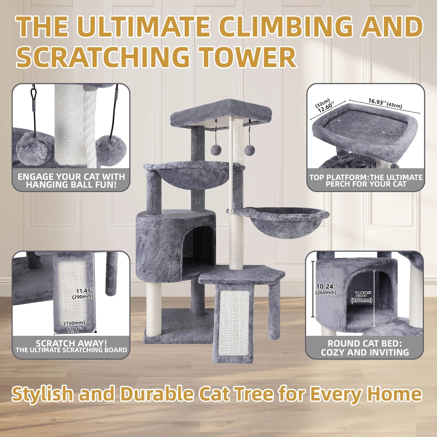 37.4-Inch Cat Tree Tower with Scratching Posts, Activity Center, Cat Condo, and Dual Hammocks in Grey