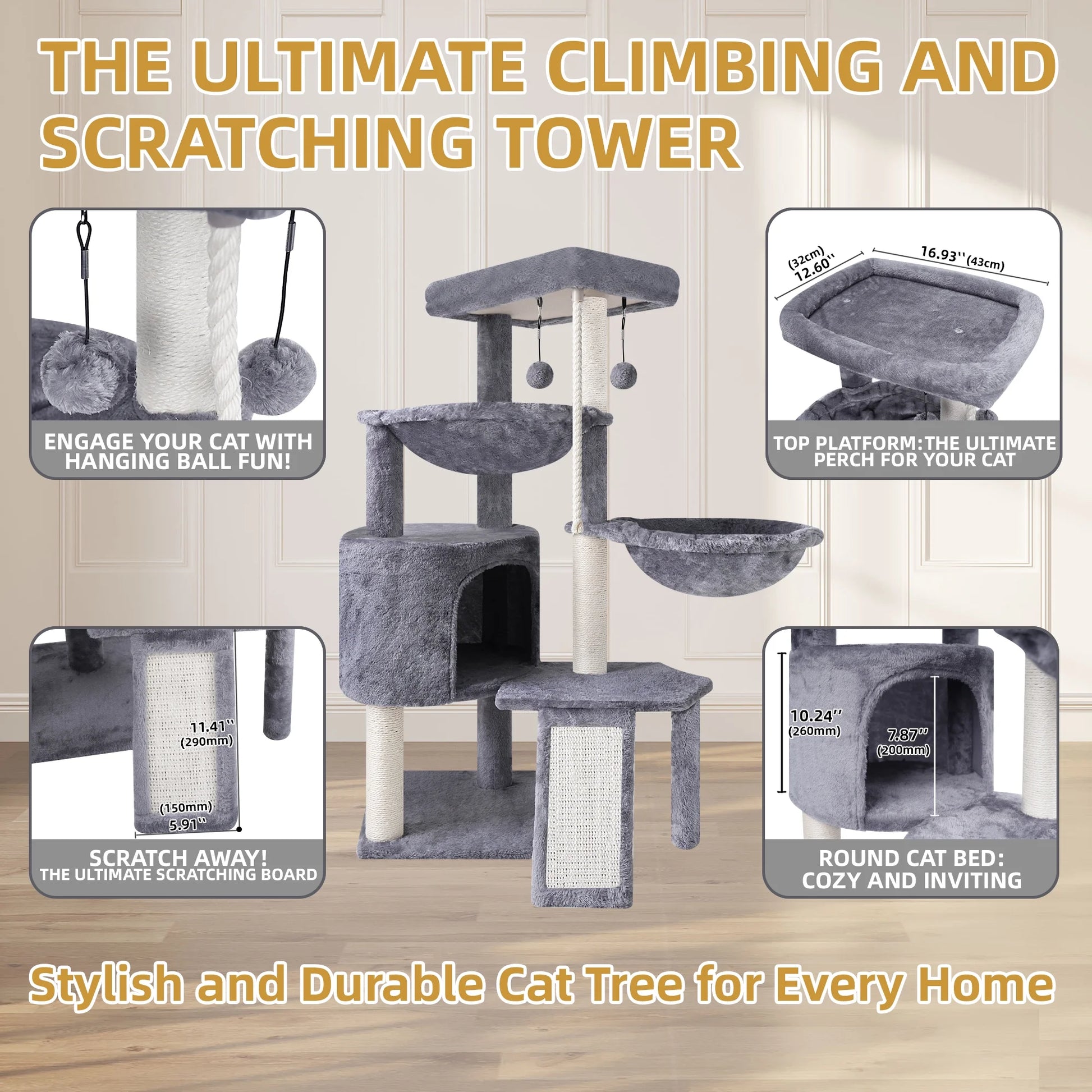 37.4-Inch Cat Tree Tower with Scratching Posts, Activity Center, Cat Condo, and Dual Hammocks in Grey