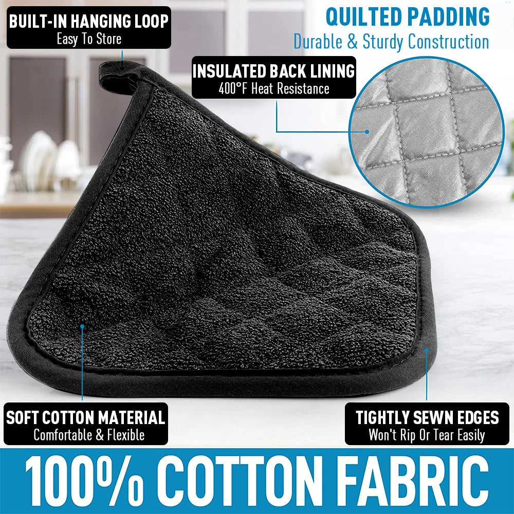 Kitchen Pot Holders Sets Heat Resistant Pot Holder Cotton Oven Hot Pads for Cooking Baking Set of 3 7X7" Black