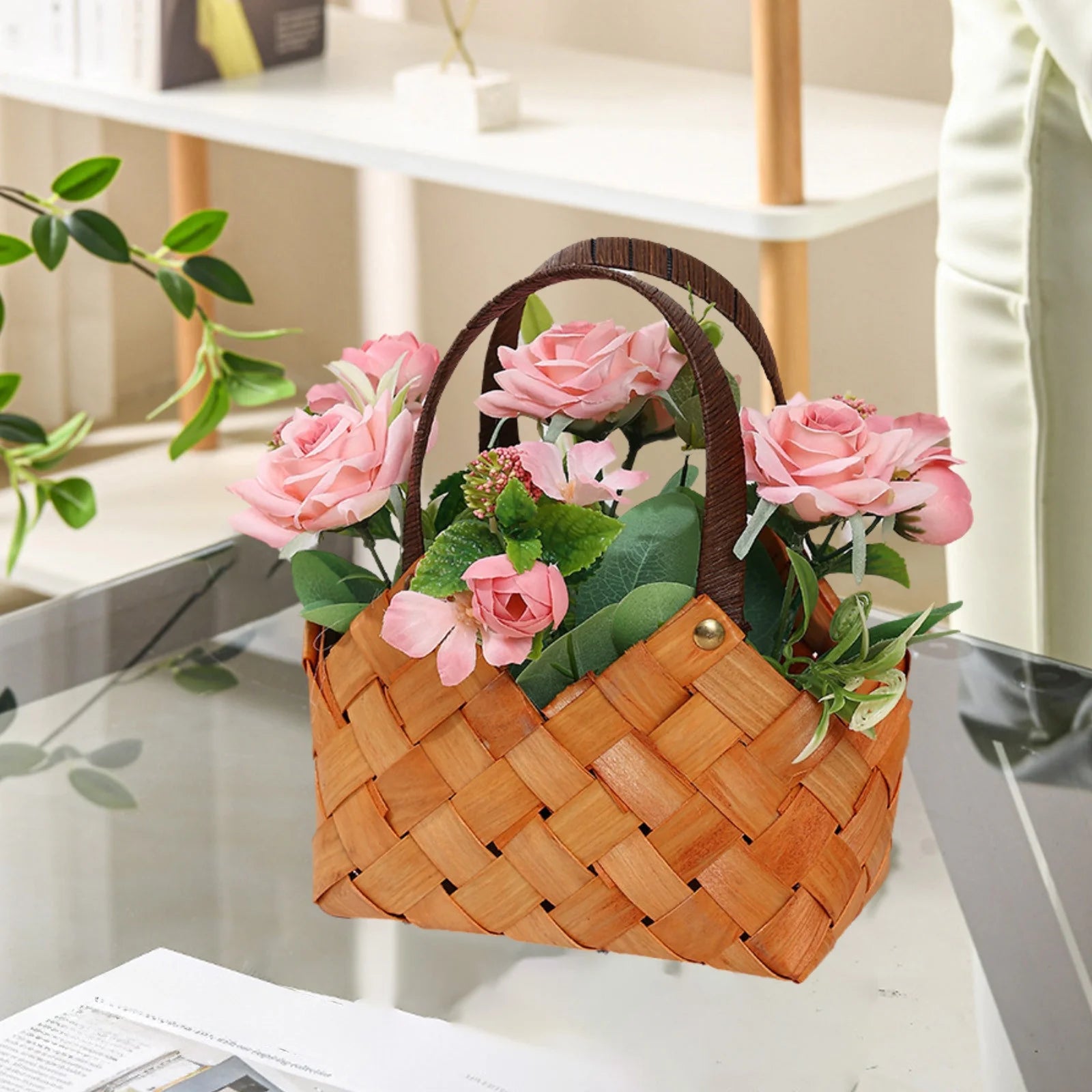 Flower Wicker Basket with Handle,Fake Roses Flowers Suitables for Mother'S Day Gifts,Home Kitchen Wedding Decoration,Handheld Flower Baskets for Wedding