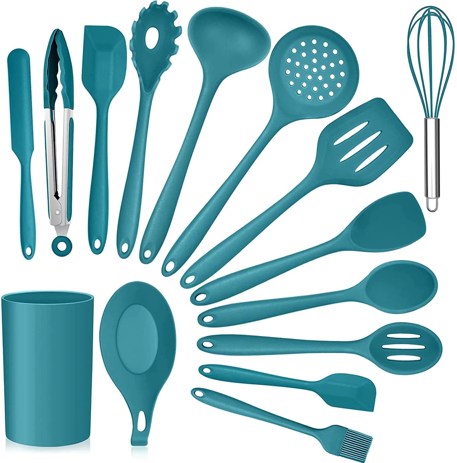 15-Piece Kitchen Utensils Set, Silicone Cooking Utensils with Holder, Non-Stick Cookware Friendly & Heat Resistant - Teal Blue