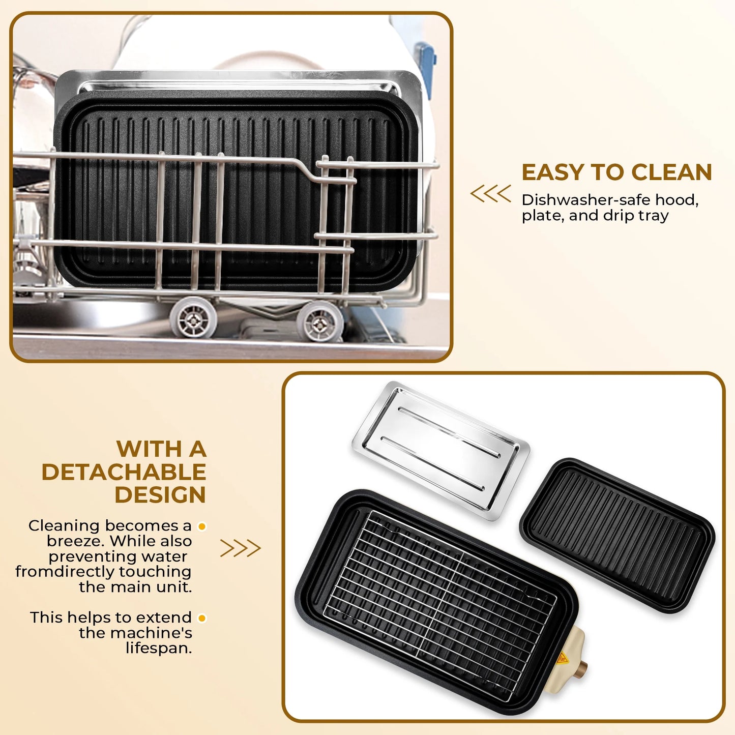 1500W Indoor Electric Smokeless Grill with Non-Stick Surface and 3 Mini Raclette Pans - Perfect for Grilling, Roasting, and Frying, Easy to Clean (Beige)