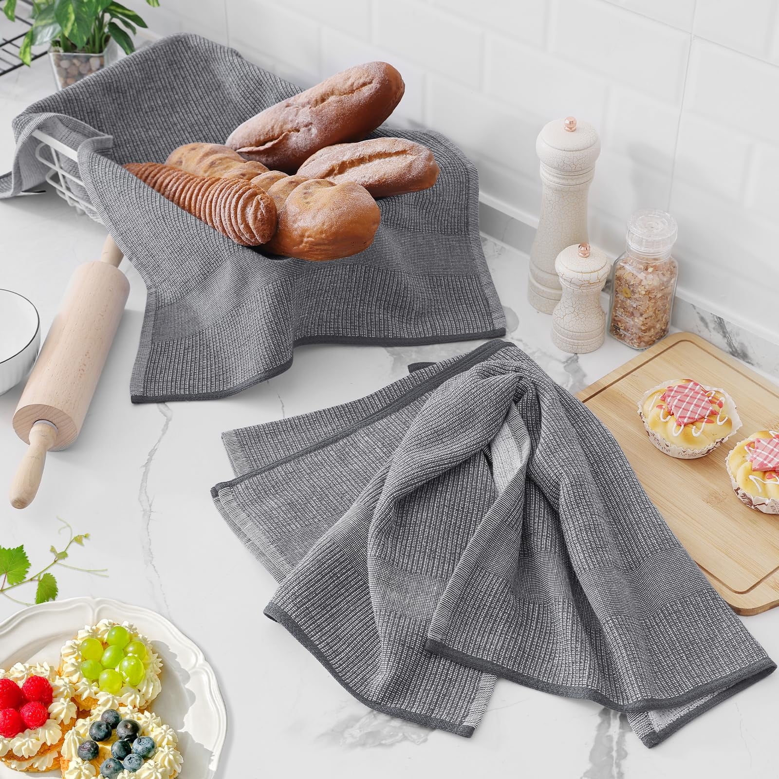 Premium Kitchen Towels(18"X 28", 6 Pack), Large Cotton Kitchen Hand Towels, Grey