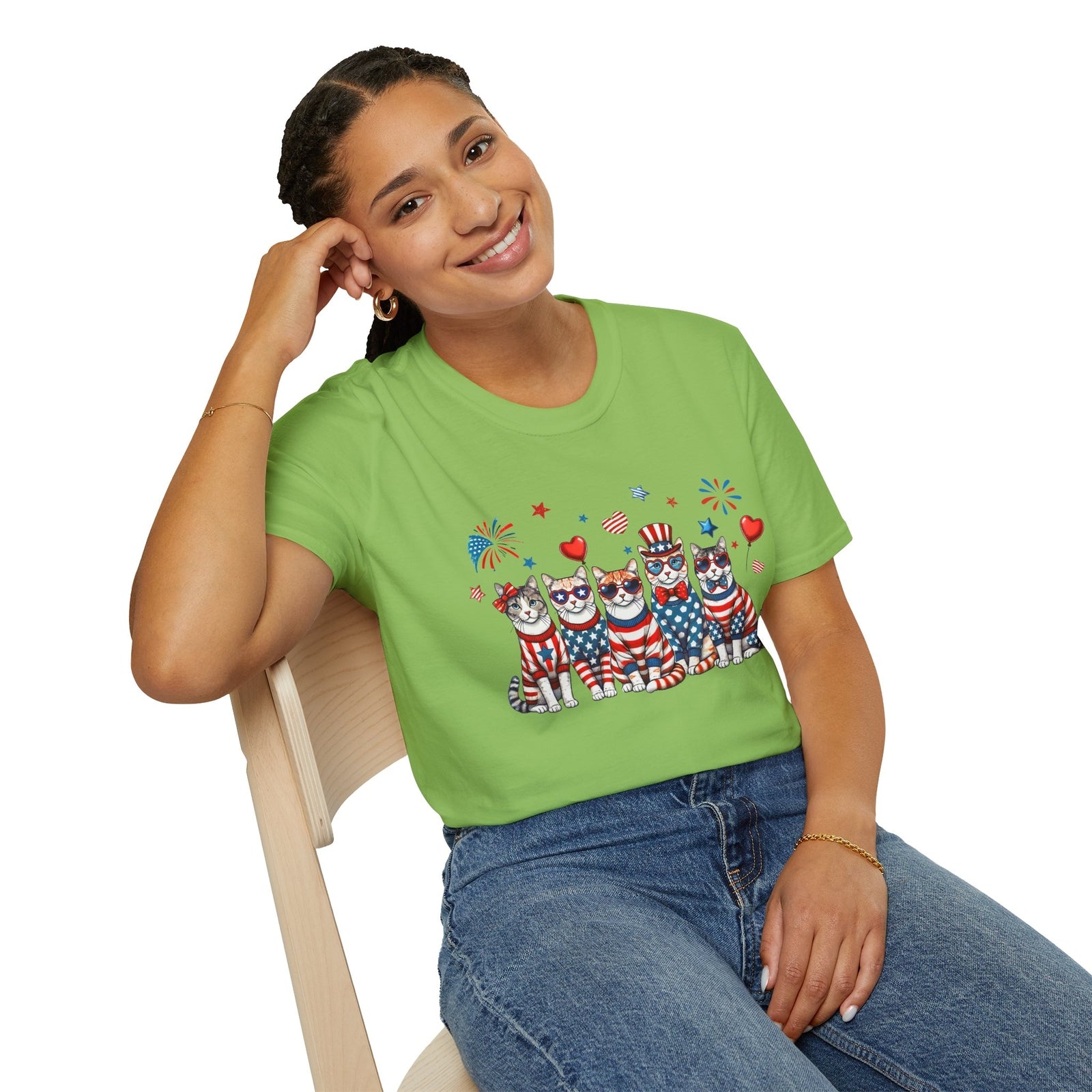 Patriotic Cat Unisex Softstyle T-Shirt for Fourth of July Celebrations