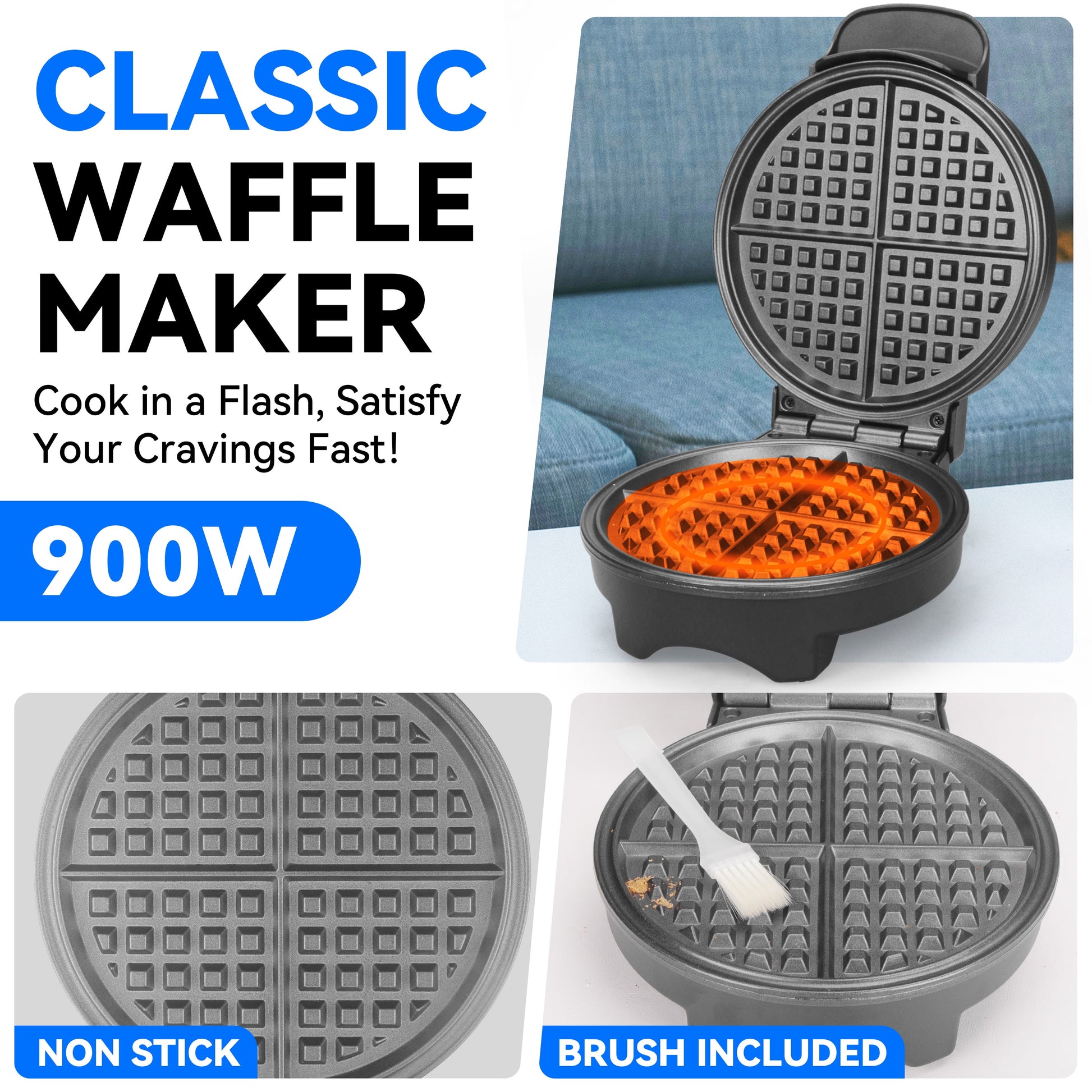 Classic Waffle Maker, 7 Inch round Waffles Iron, 1 Waffle in 4 Quarters, Non-Stick