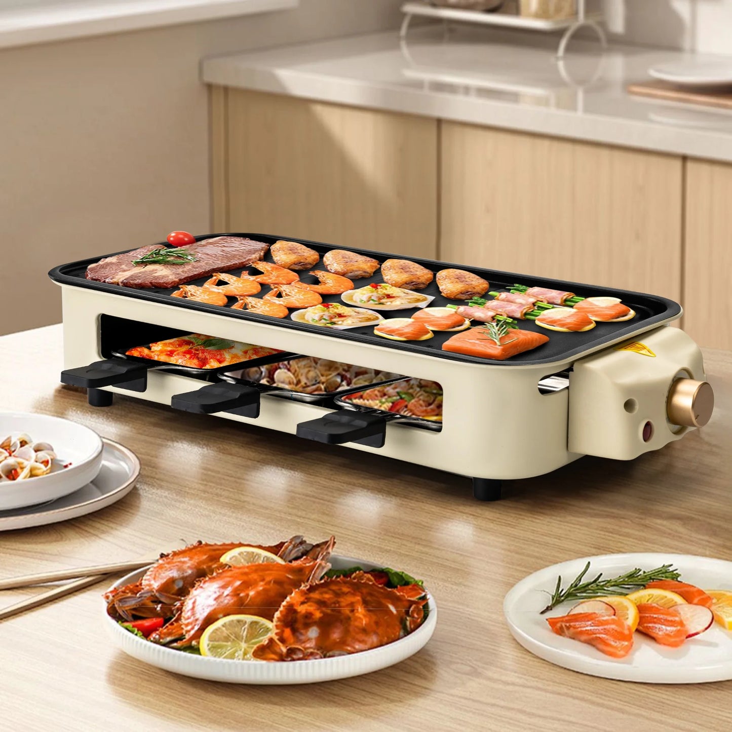 1500W Indoor Electric Smokeless Grill with Non-Stick Surface and 3 Mini Raclette Pans - Perfect for Grilling, Roasting, and Frying, Easy to Clean (Beige)