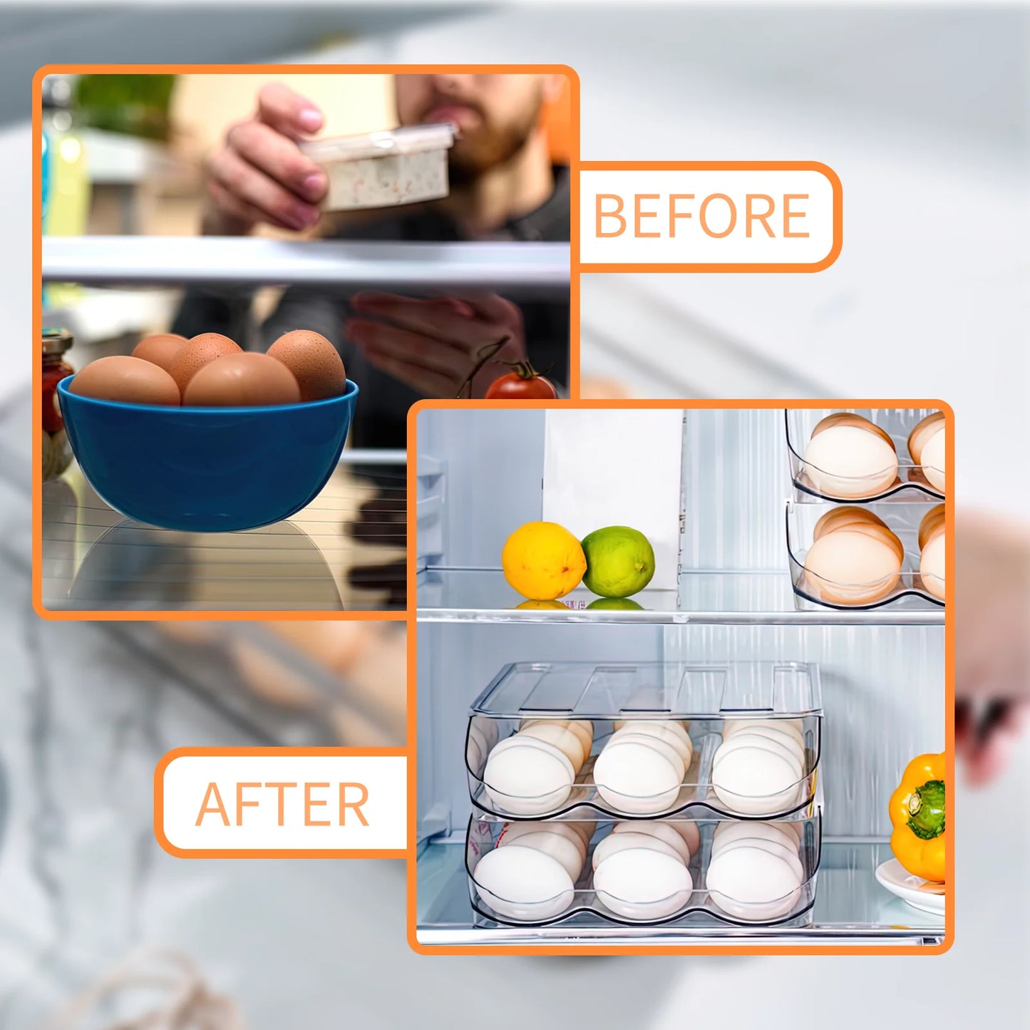 Fridge Egg Holder, 2 Layer Rolling Egg Cartons for Refrigerator, Refrigerator Egg Organizer with Lid, Clear Egg Dispenser, Egg Tray & Storage Container