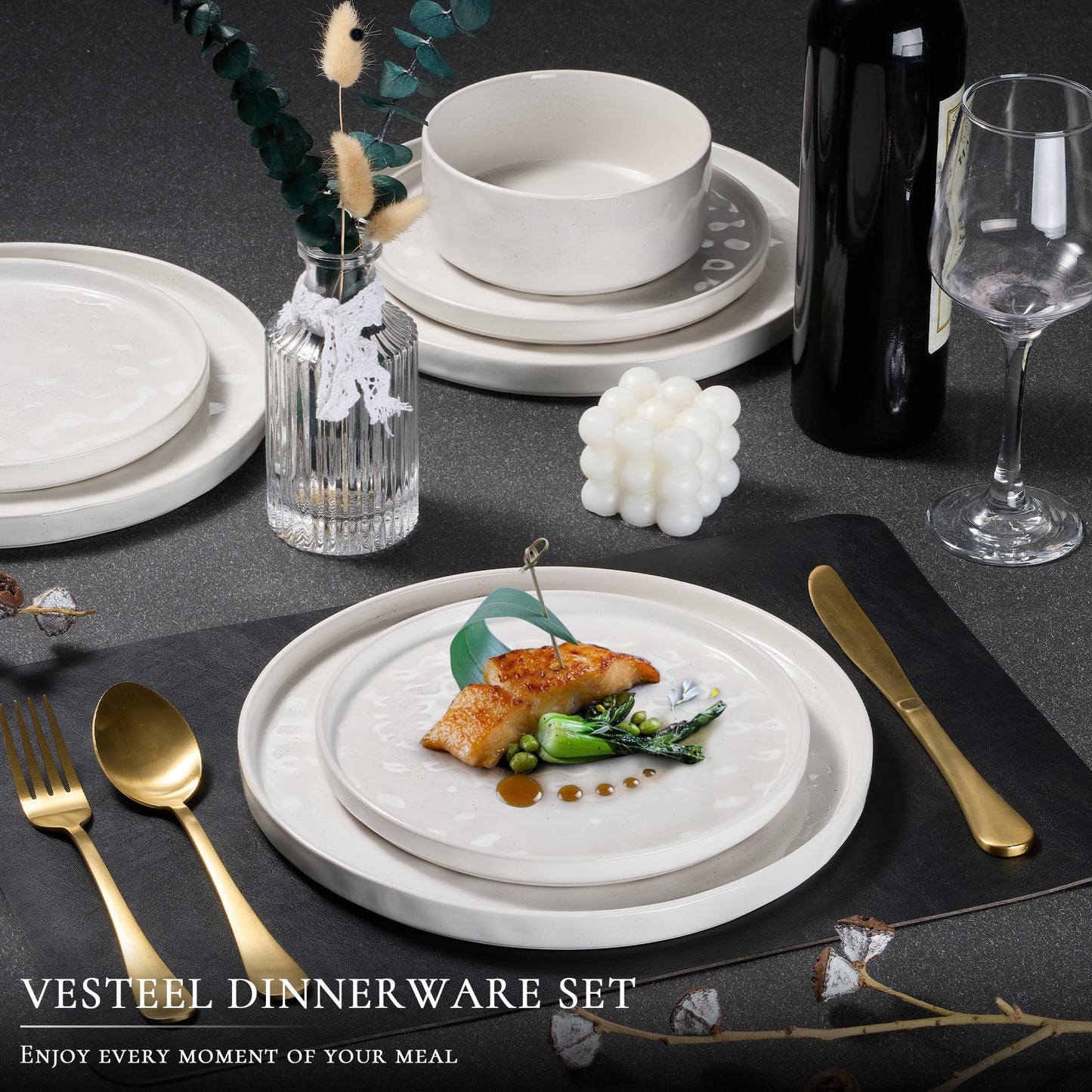 12-Piece Stoneware Dinnerware Set for Four, Elegant Speckled White Ceramic Plates and Bowls for Home and Restaurant Use