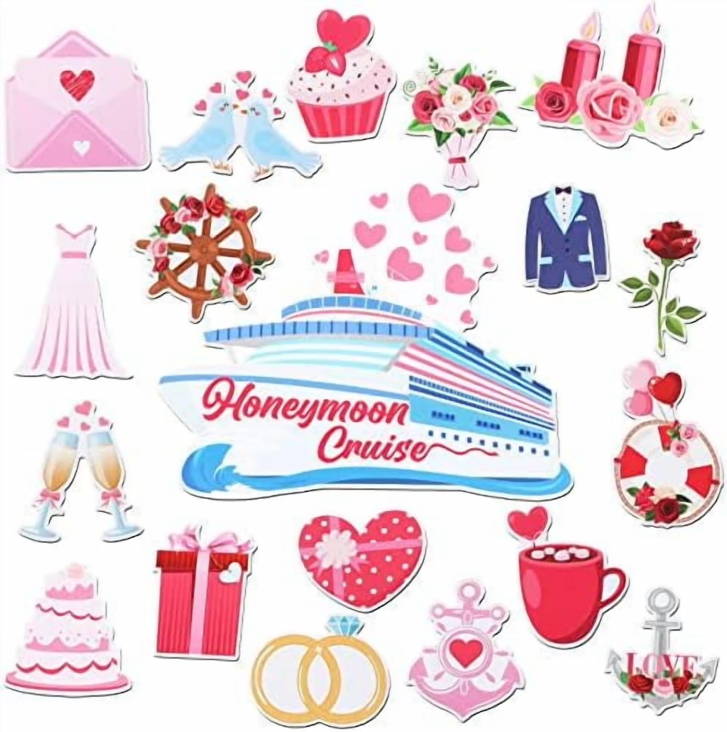 19-Piece Honeymoon Cruise Door Decoration Set - Wedding and Anniversary Magnets for Cruise Ships and Celebrations