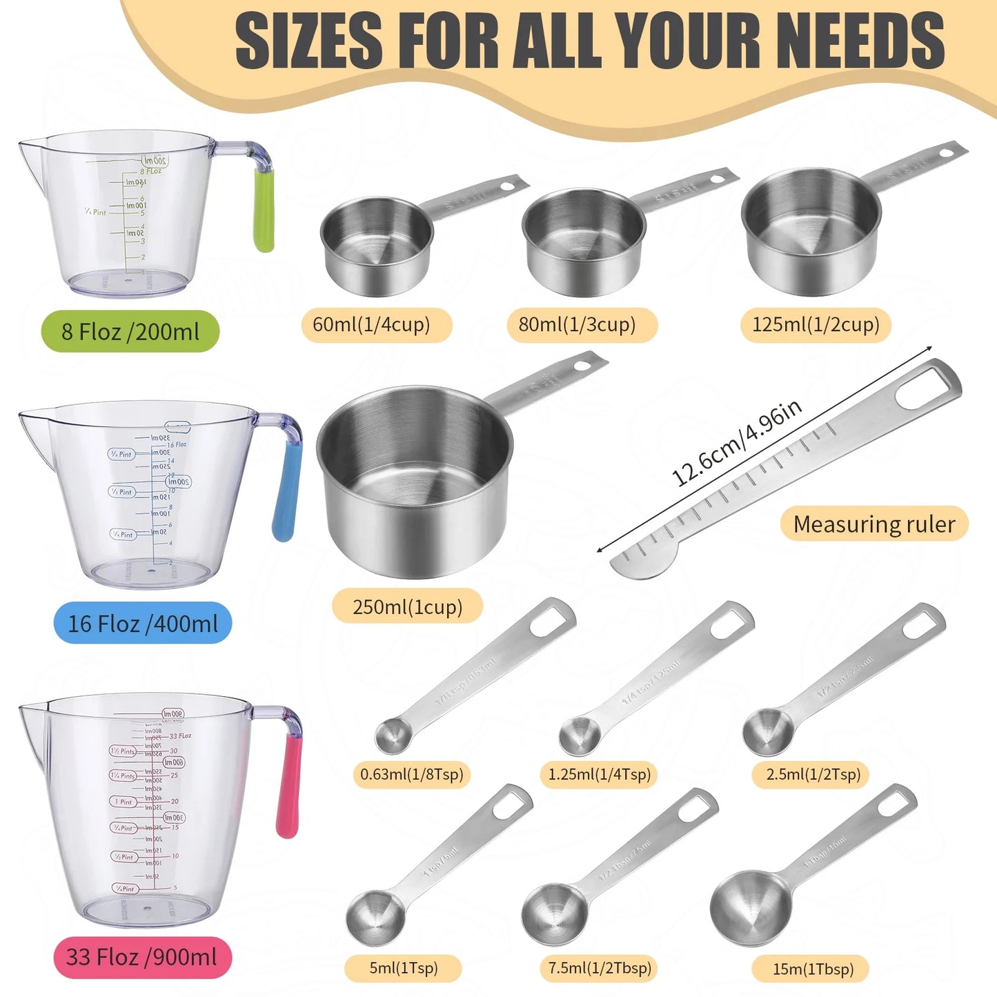 14-Piece Measuring Cups and Spoons Set, Nesting Stainless Steel Measuring Cups Spoons with Plastic Measuring Cup for Dry and Liquid Ingredients, Kitchen Cooking & Baking Gadgets
