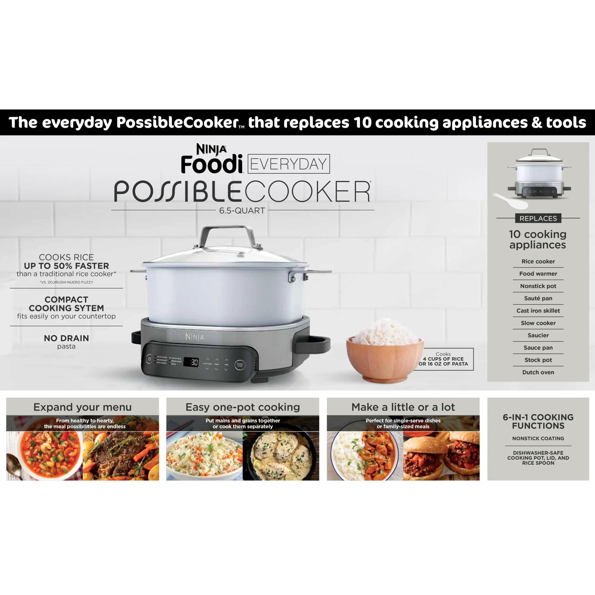 Foodi 6.5 Qt Everyday Possiblecooker, Stainless Steel/White, Multi Cooker, Slow Cooker, MC1100
