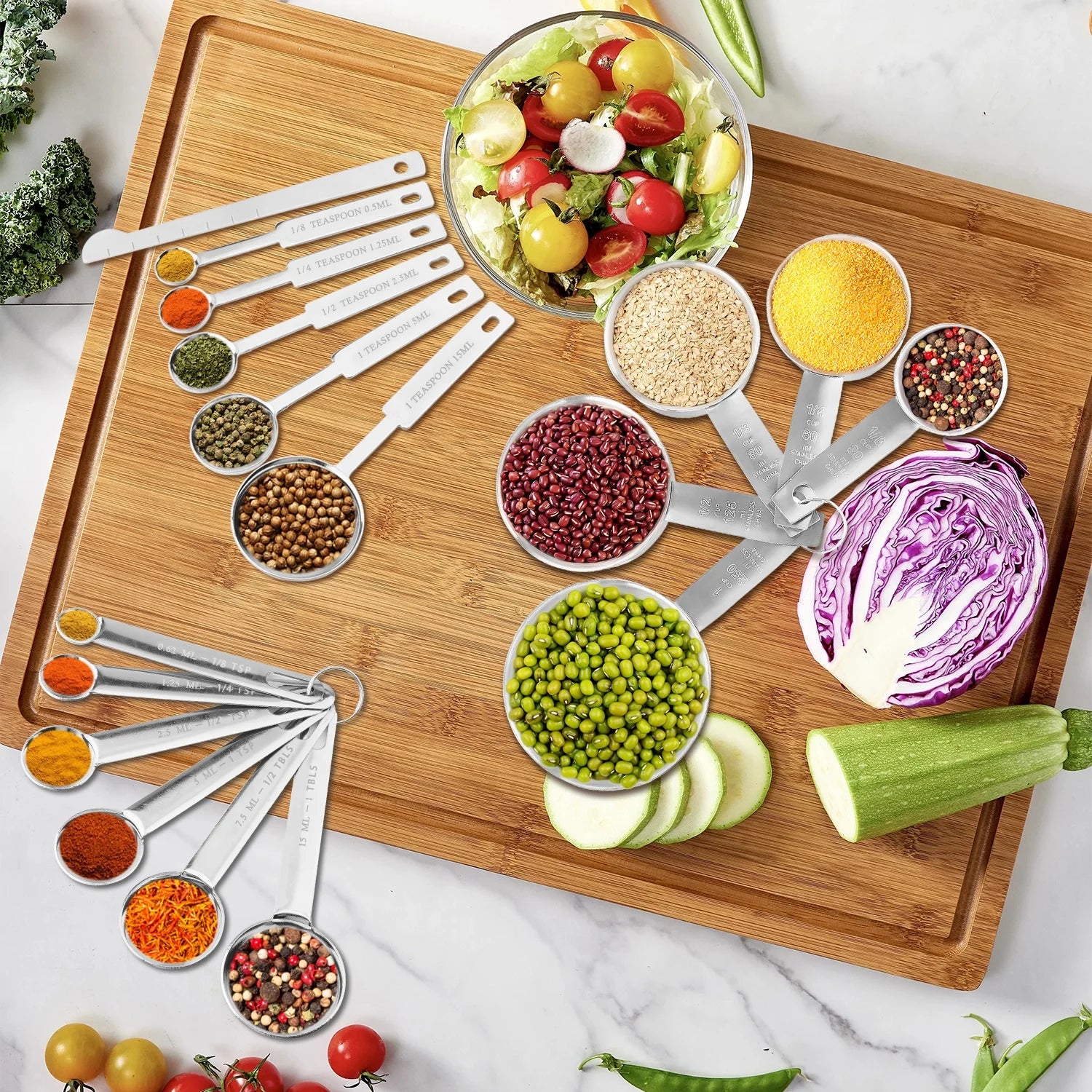 18-Piece Stainless Steel Measuring Cups and Spoons Set, 6 Stainless Steel Measuring Cups,11 Stainless Steel Measuring Spoons&1 Measuring Stick Leveler, Kitchen Tools for Cooking & Baking