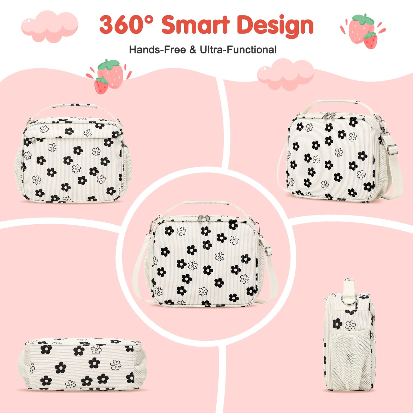 Black & White Floral Corduroy Lunch Bag - Handheld or Shoulder Carry Insulated Lunch Box