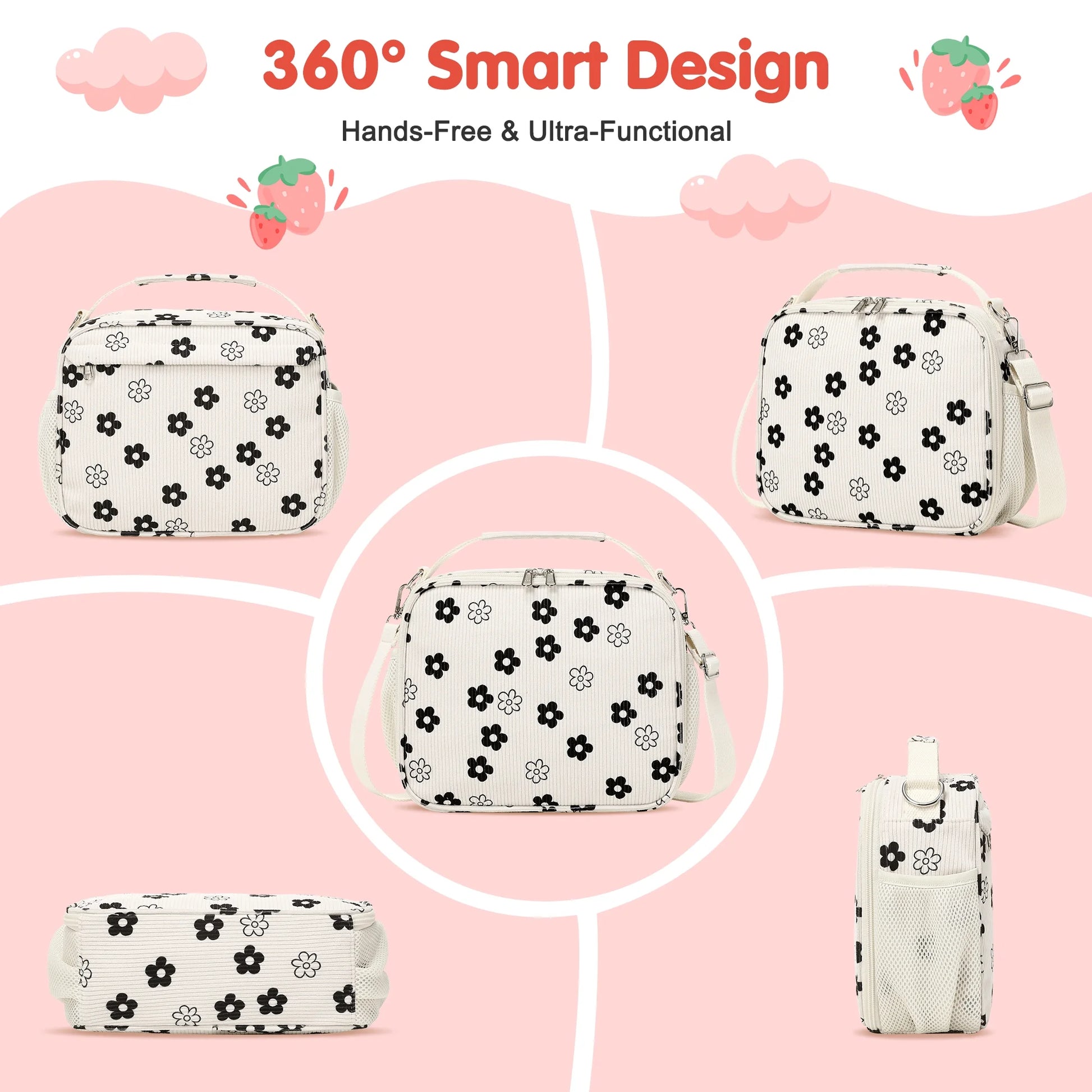 Black & White Floral Corduroy Lunch Bag - Handheld or Shoulder Carry Insulated Lunch Box