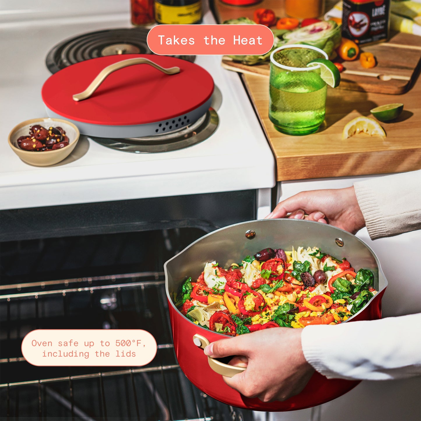 12-Piece Ceramic Nonstick Cookware Set with Strainer Lids in Tomato Red by Drew Barrymore