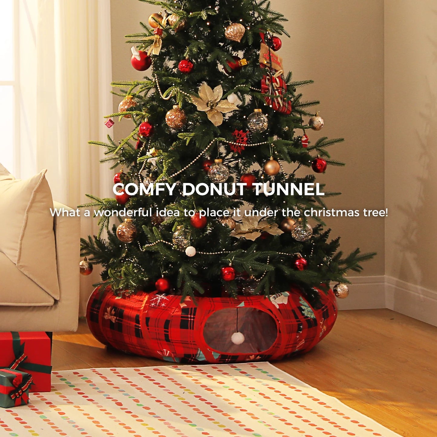 38-Inch Cat Tunnel Bed with Soft Mat - Festive Red Christmas Cat Toy for Indoor Cats