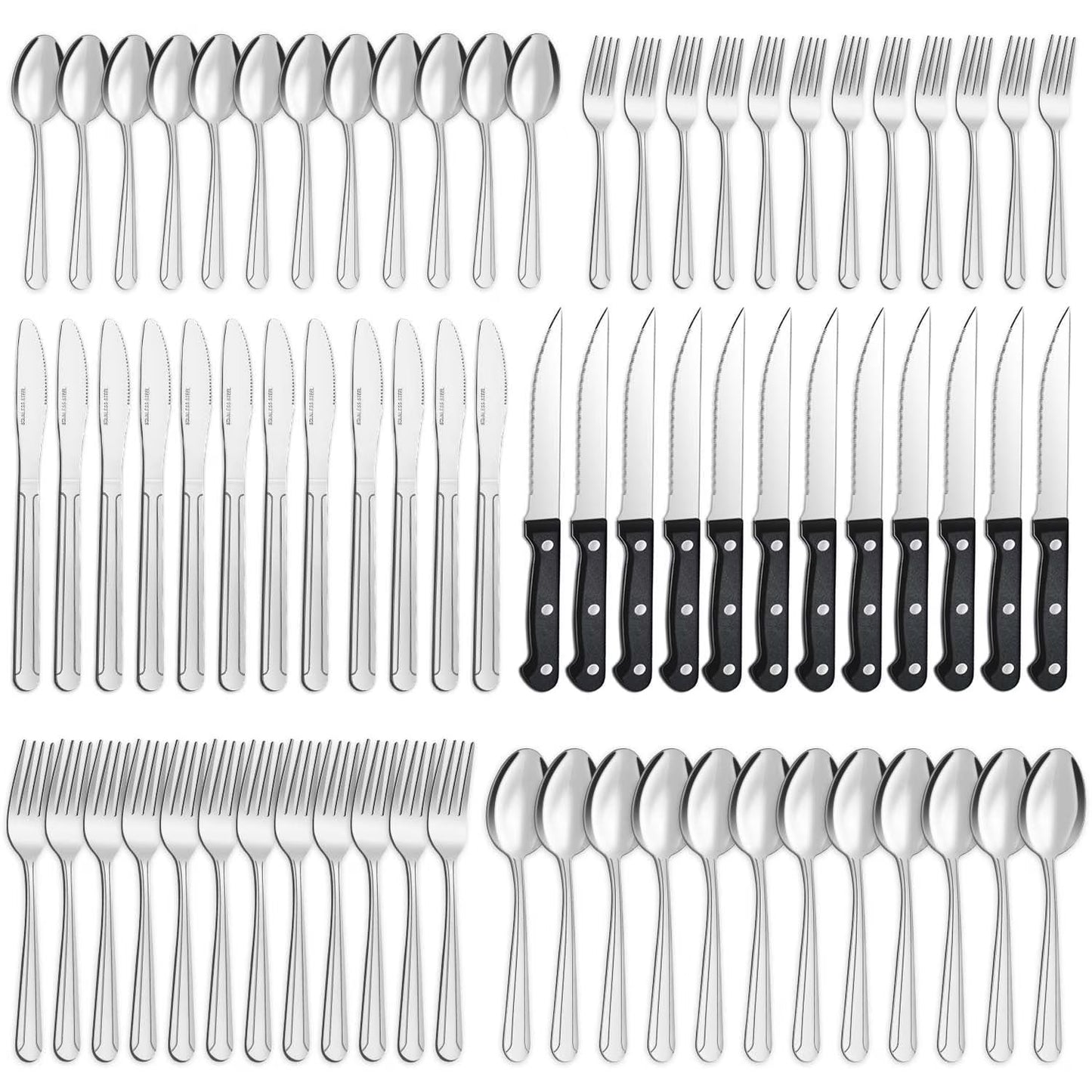 72-Piece Stainless Steel Silverware Set with Steak Knives, Elegant Cutlery for 12, Mirror Polished Flatware for Home, Kitchen, Restaurant, and Hotel, Dishwasher Safe