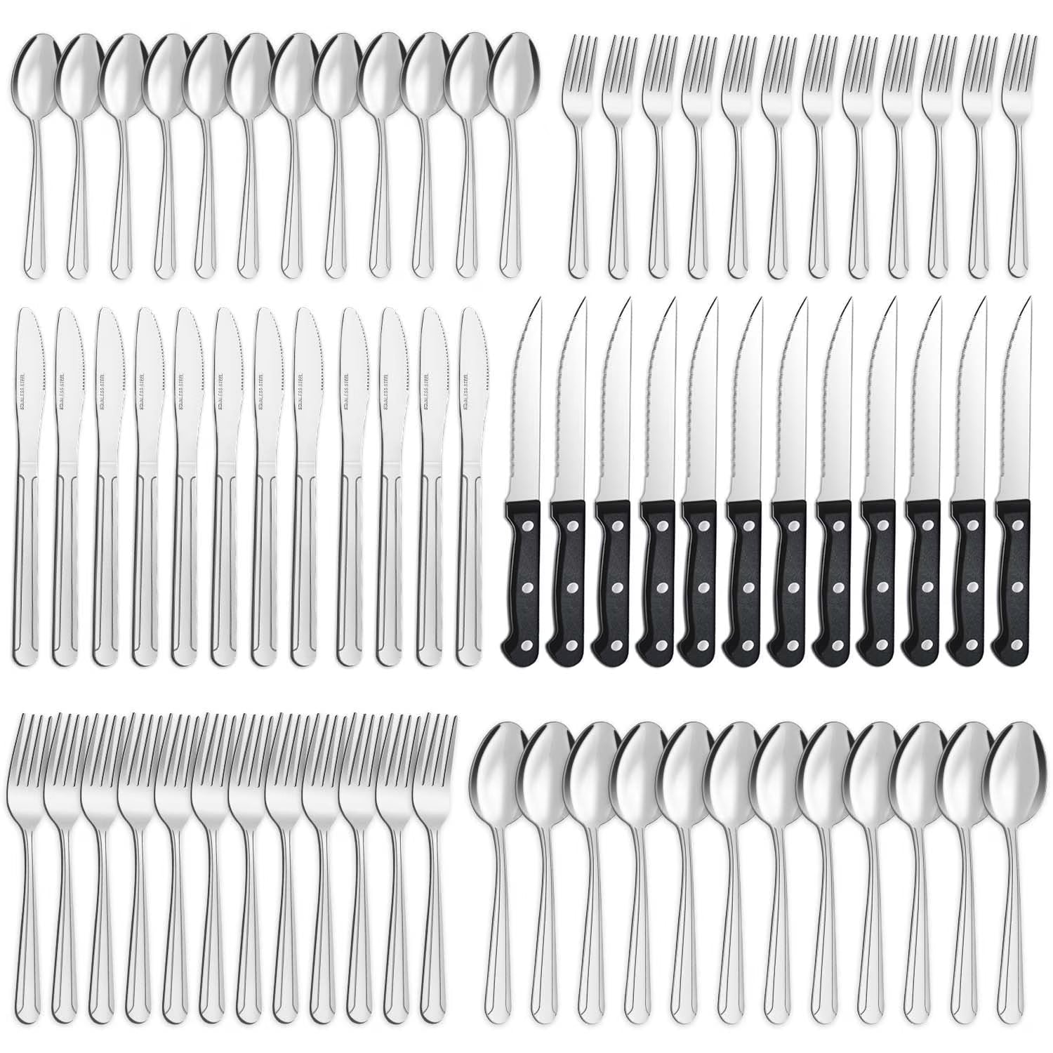 72-Piece Stainless Steel Silverware Set with Steak Knives, Elegant Cutlery for 12, Mirror Polished Flatware for Home, Kitchen, Restaurant, and Hotel, Dishwasher Safe
