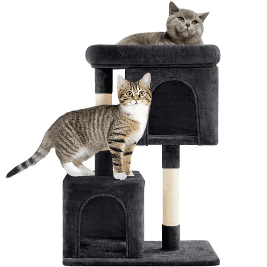 33.4" Double Condo Plush Cat Tree with Scratching Posts in Black