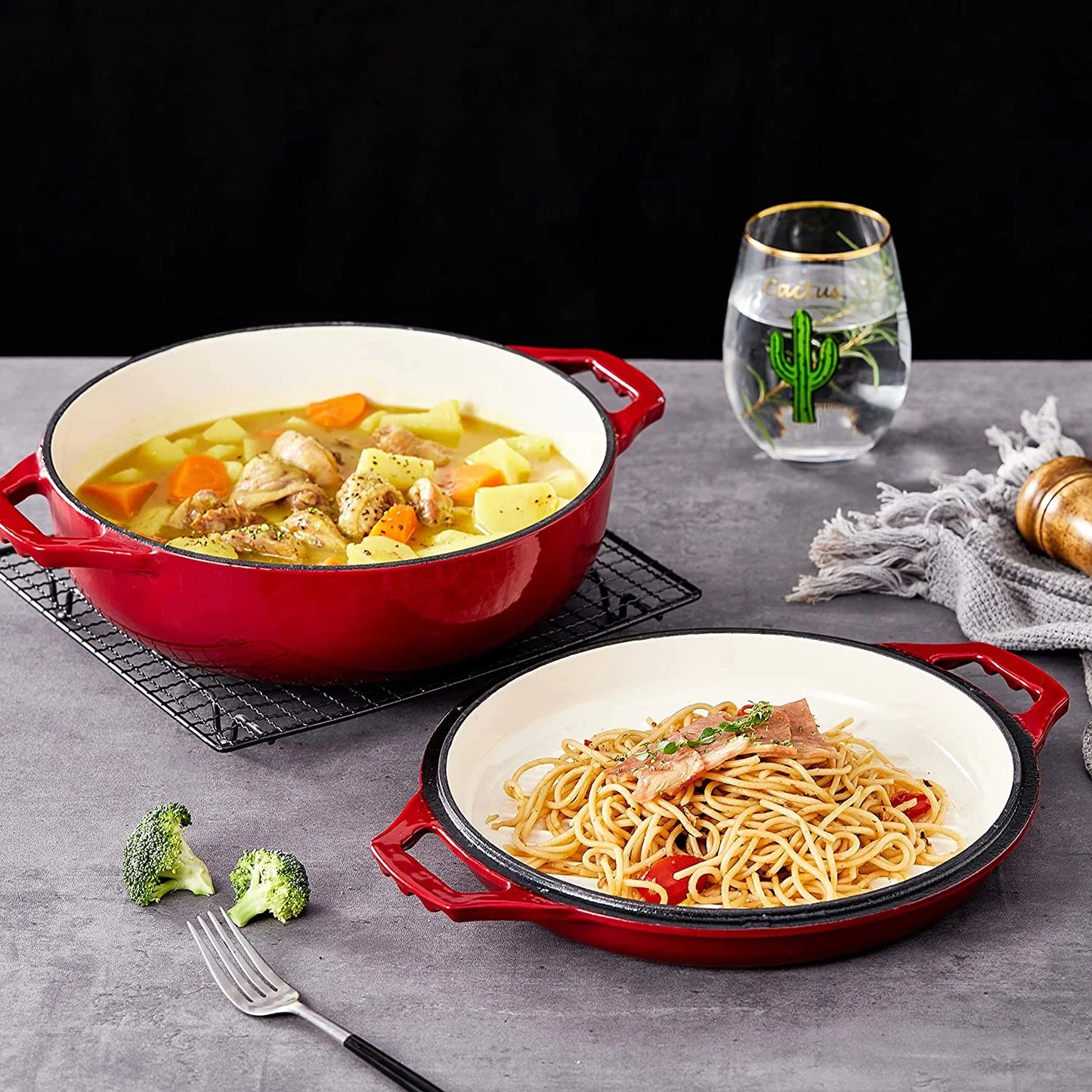 | 2-In-1 Enameled Cast Iron Cocotte Double Braiser Pan with Grill Lid