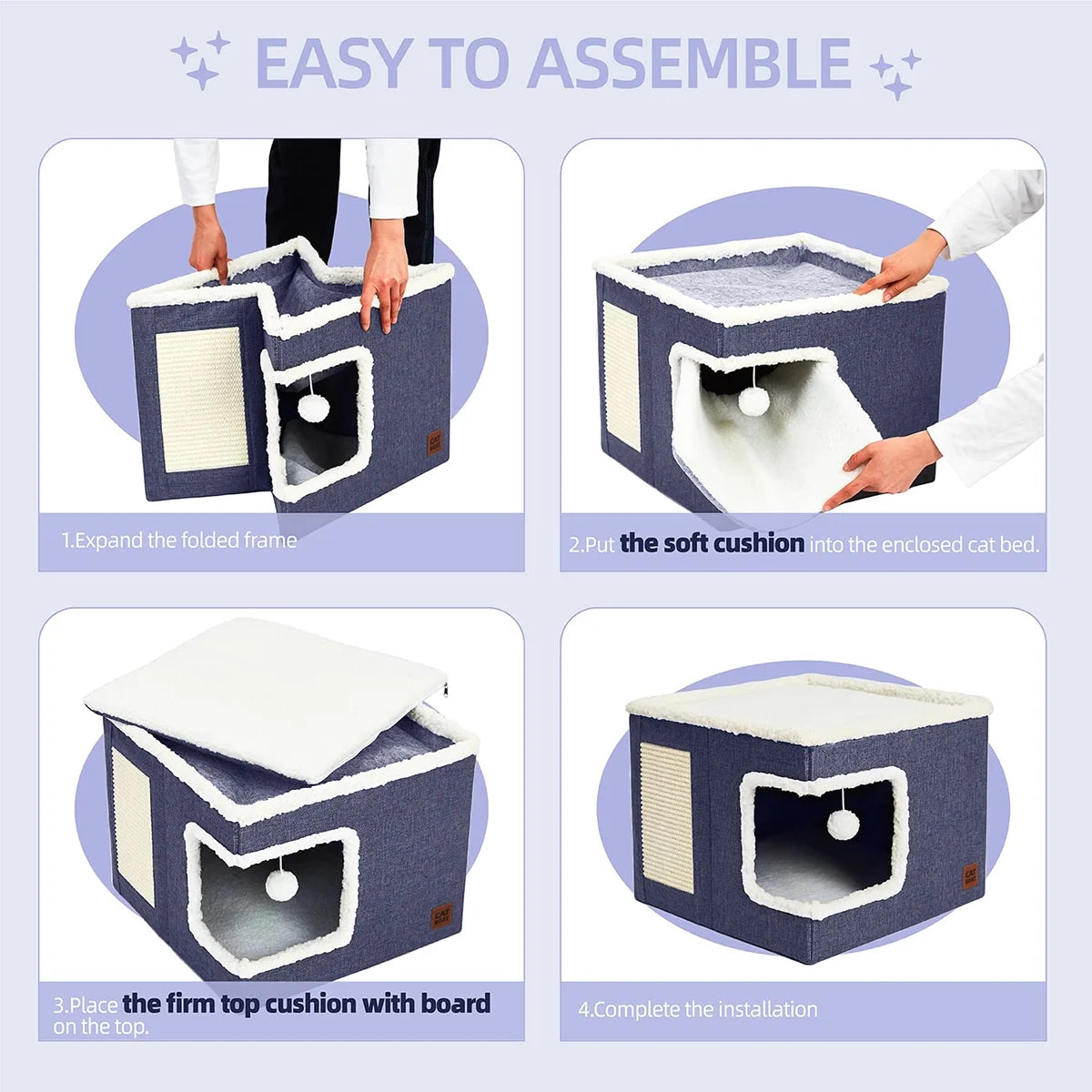 Indoor Pet Bed for Cats - Foldable Covered Kennel with Scratching Board, Ideal for Small Pets, Dark Blue