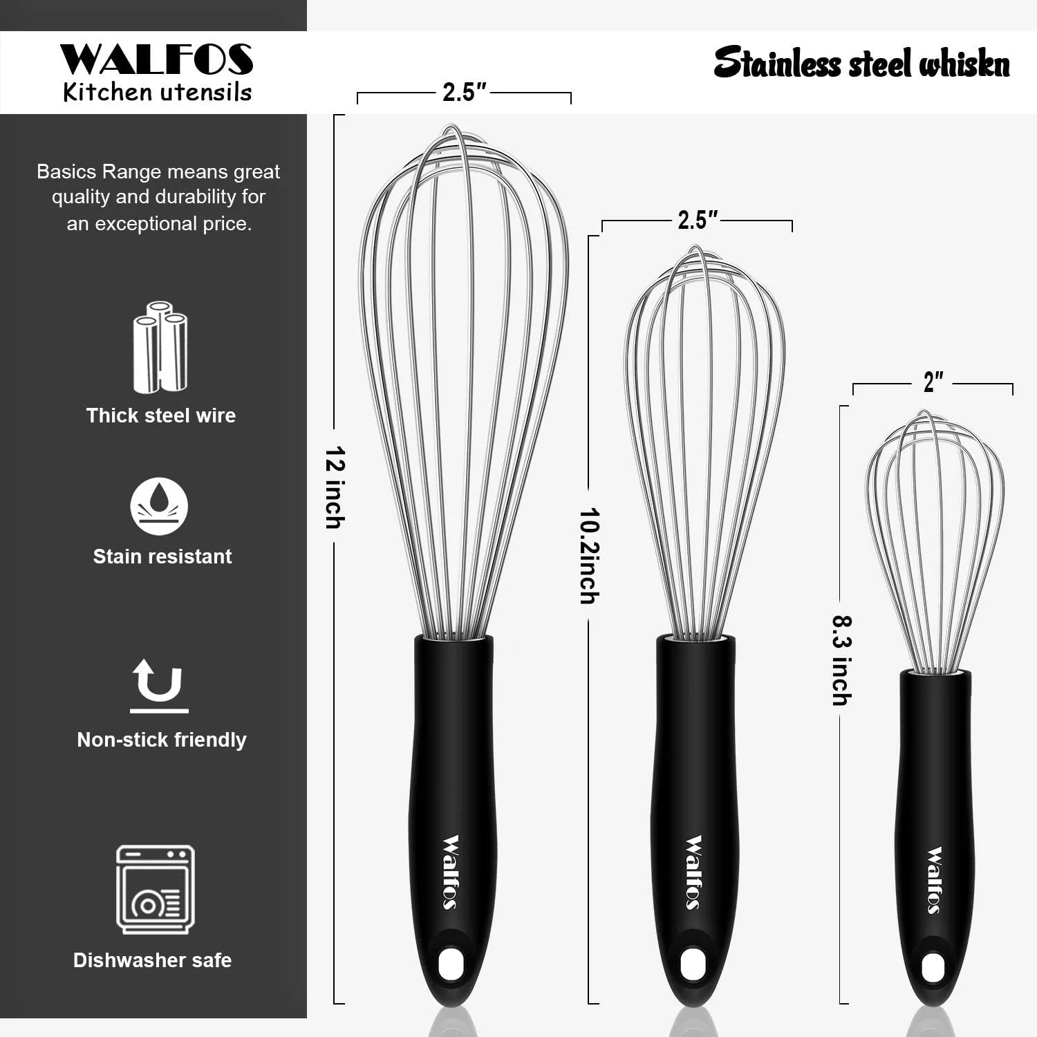 Stainless Steel Wire Whisk Set - 3 Packs Balloon Whisk, Thick Wire Wisk , Strong Handles, Egg Frother for Cooking, Blending, Whisking, Beating and Stirring (7"+9"+11")