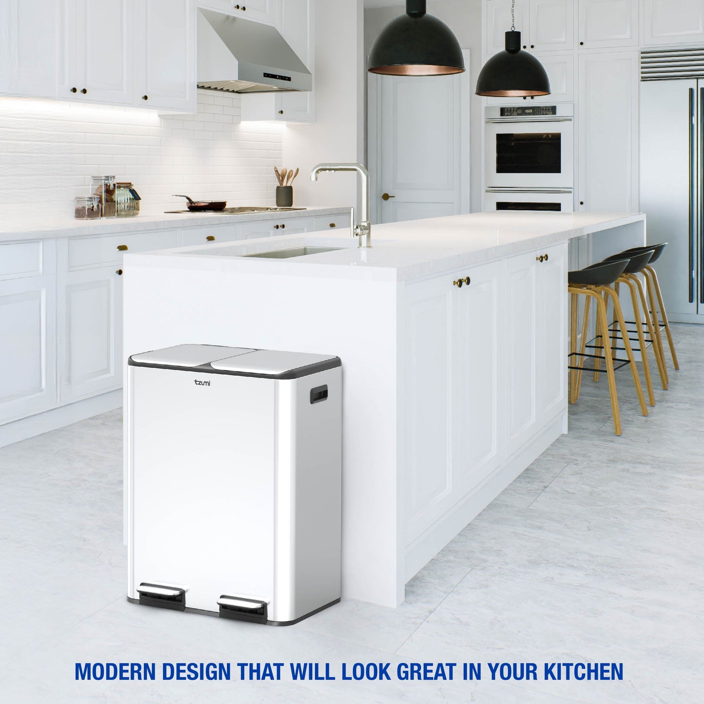 Dual-Compartment Recycling Bin Stainless Steel Trash Can for Kitchen, 16 Gallon Total