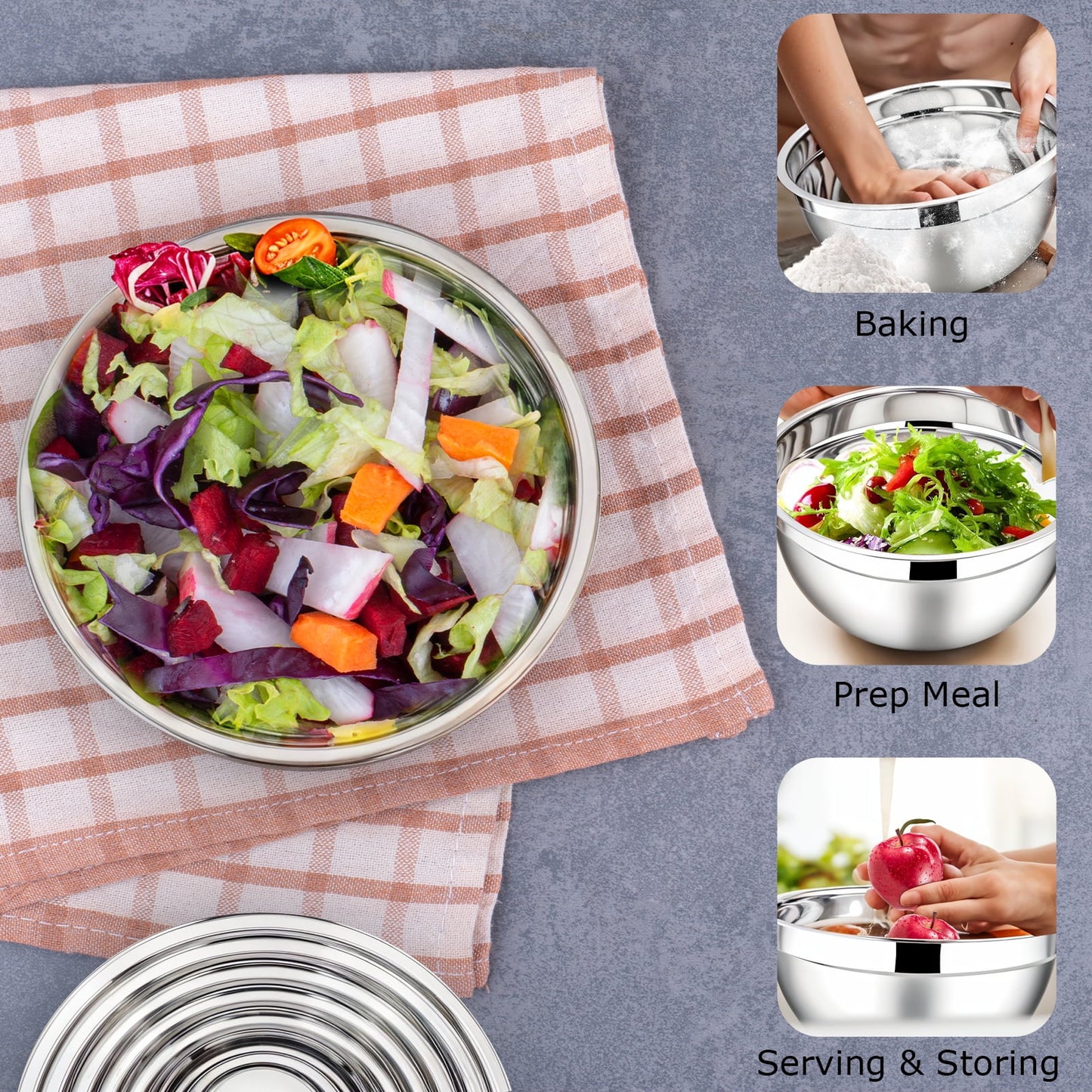 6 Pack Stainless Steel Mixing Bowls Set ,Kitchen Metal Meal Prep Bowls with Lids for Baking,Cooking,Serving