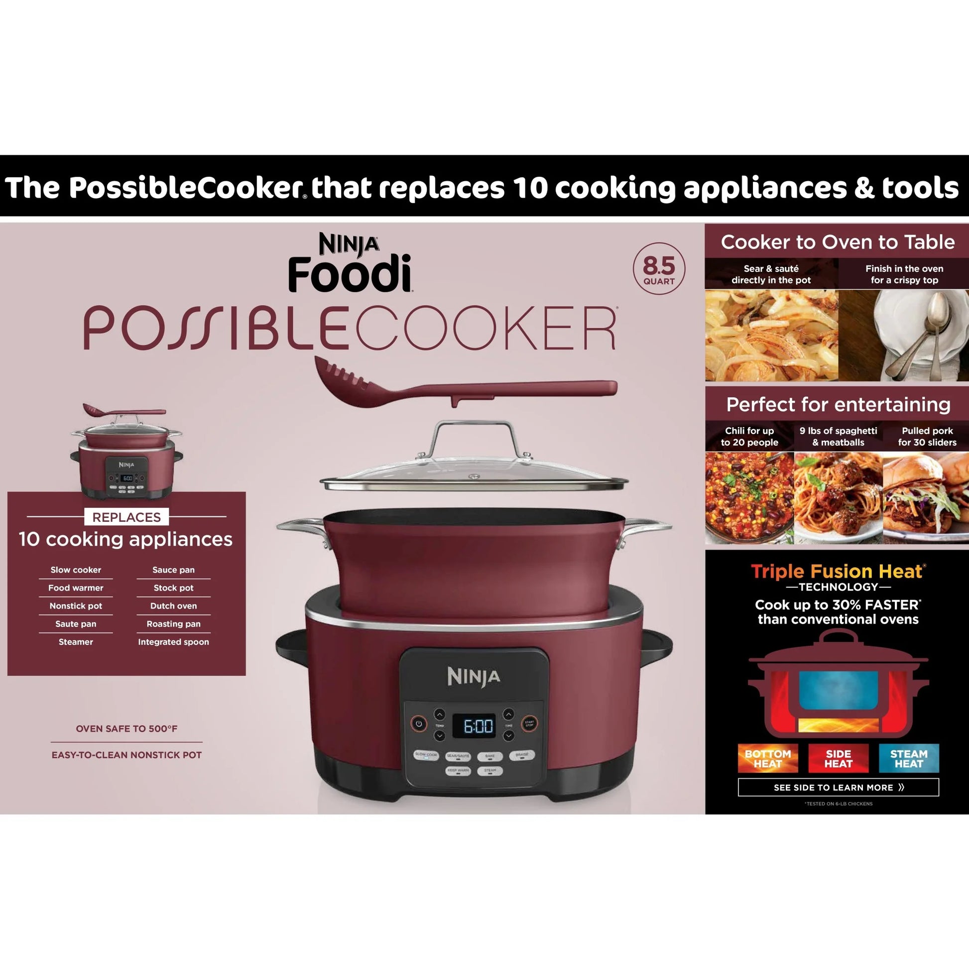 Foodi Possible Cooker, 8.5 Quart, 6-In-1 Multi-Cooker, Slow Cooker, Steamer, Glass Lid Integrated Cooking Utensil, Nonstick, Oven Safe Pot to 500°F, Cherry Tarte, MC1000WM