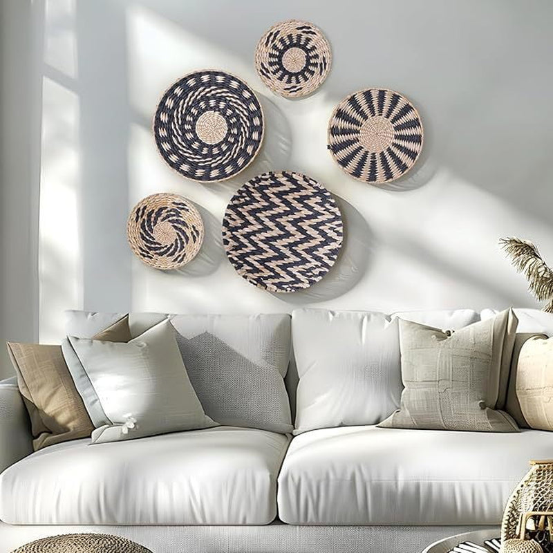 Boho Wall Basket Decor Woven Unique Seagrass Wicker Hanging Decorative Baskets - Rattan Wall Art Basket for Storage or Gift for Rustic Bohemian Farmhouse Home Living Room Bedroom Kitchen