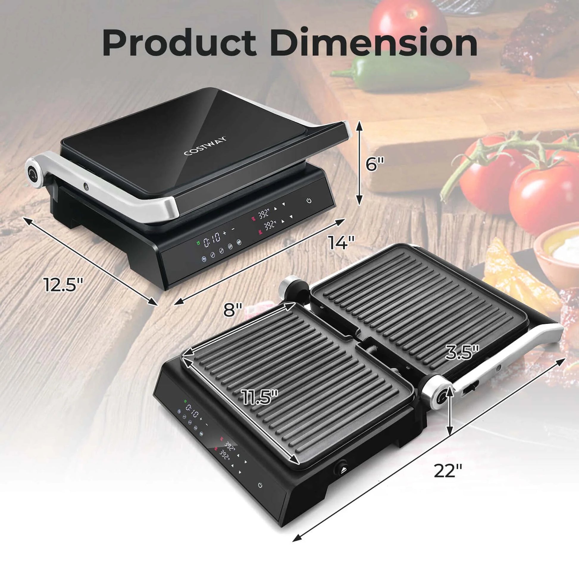 Electric Panini Press Grill Sandwich Maker with LED Display & Removable Drip Tray