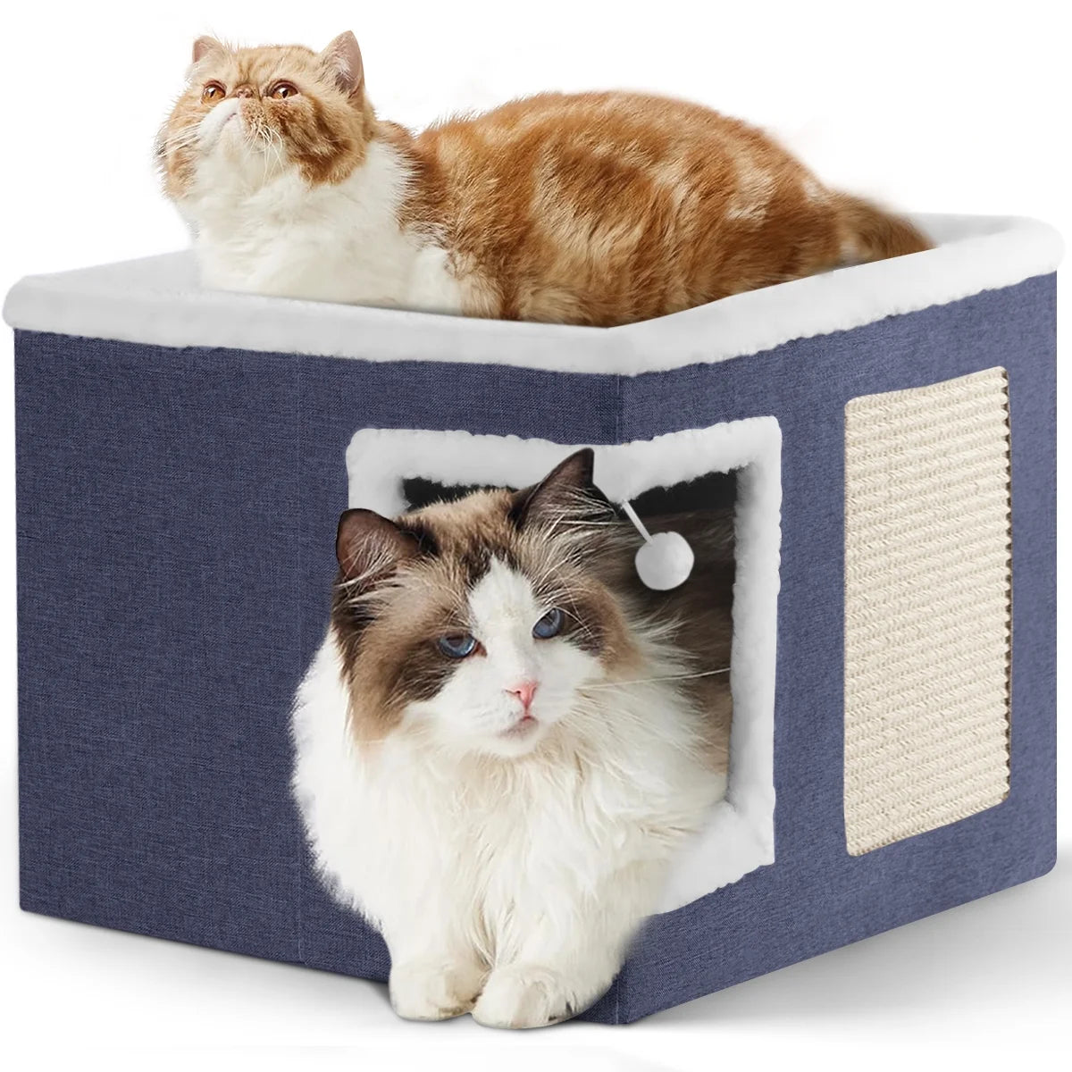 Indoor Pet Bed for Cats - Foldable Covered Kennel with Scratching Board, Ideal for Small Pets, Dark Blue