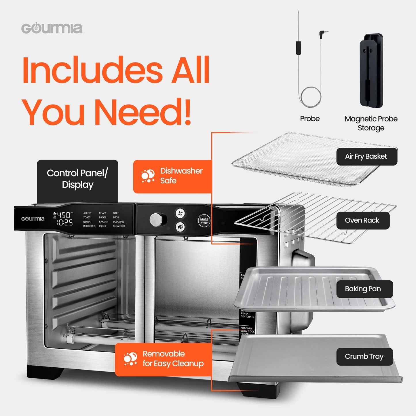 6-Slice Digital French Door Toaster Oven Air Fryer with Integrated Temperature Probe, 24L, Stainless Steel