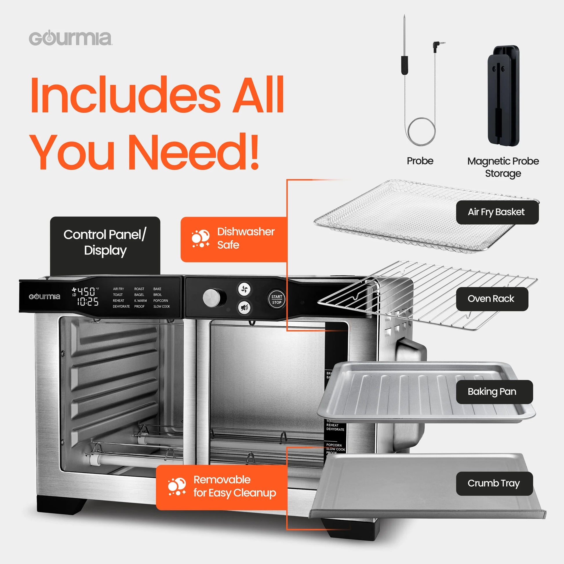 6-Slice Digital French Door Toaster Oven Air Fryer with Integrated Temperature Probe, 24L, Stainless Steel