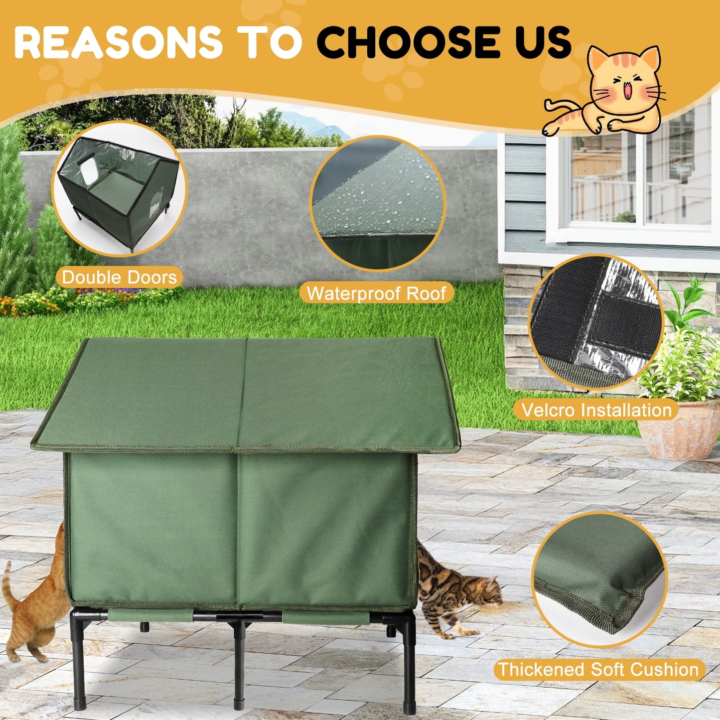 Insulated Outdoor Cat House with Escape Door - Weatherproof Shelter for Small Cats, Green
