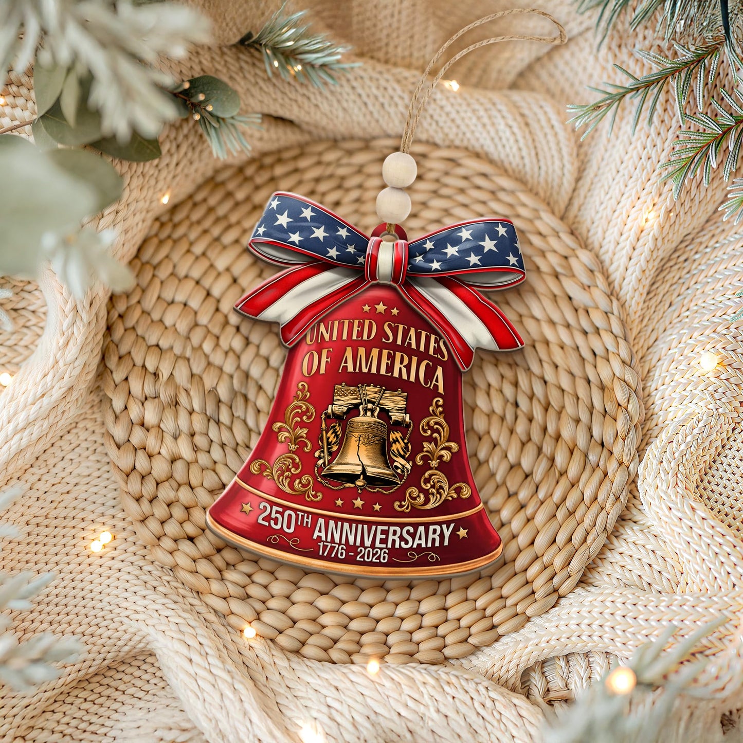 250th Anniversary United States of America Ornament (1776–2026) – Patriotic Wooden Christmas Decoration, Independence Day Keepsake, USA Liberty Bell Hanging Ornament