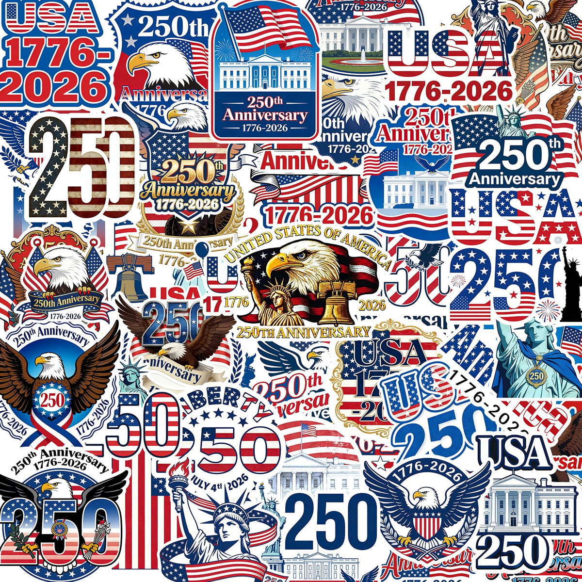 (50pcs) 250th Anniversary Birthday Sticker USA Stickers Merchandise 1776-2026 Statue of Liberty Eagle Independence Day Waterproof Vinyl Sticker for Water Bottle Car Laptop