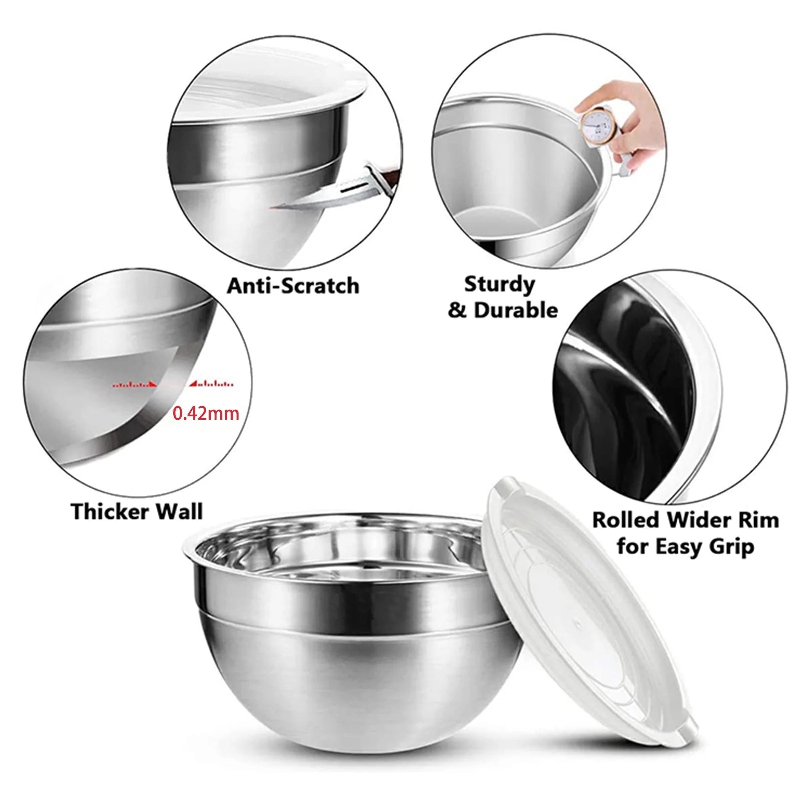 6 Pack Stainless Steel Mixing Bowls Set ,Kitchen Metal Meal Prep Bowls with Lids for Baking,Cooking,Serving