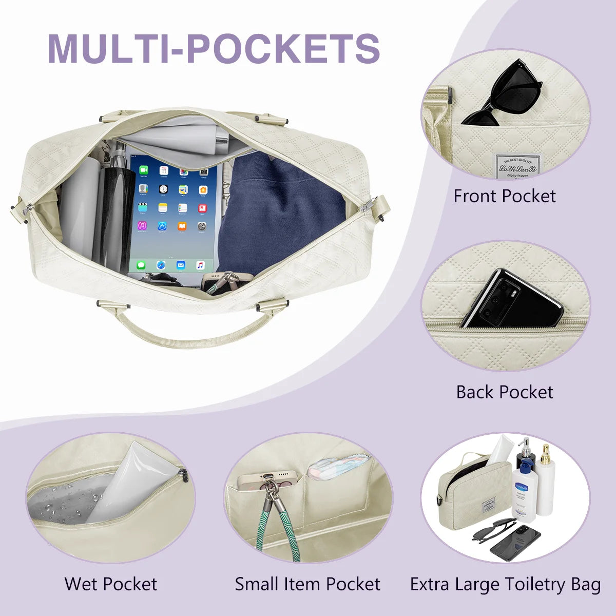 40L Weekender Duffel Bag with Shoes Compartment, Includes Toiletry and Shoes Bags, Women's Gym Bag with Wet Pocket, Ideal for Travel and Weekend Getaways, White