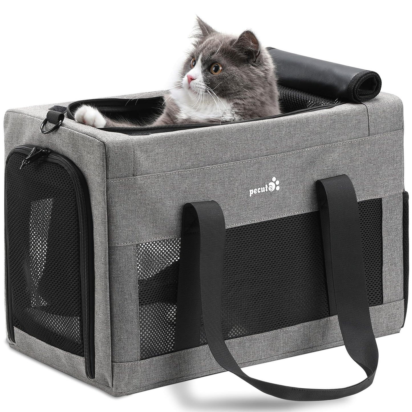 Pecute Cat Carrier, Pet Carrier Airline Approved, Portable Dog Carrier with Stable Structure, Breathable Mesh Fabric Bag for Pets, Gray Pet Carrier Suitable for Both Long and Short Trips