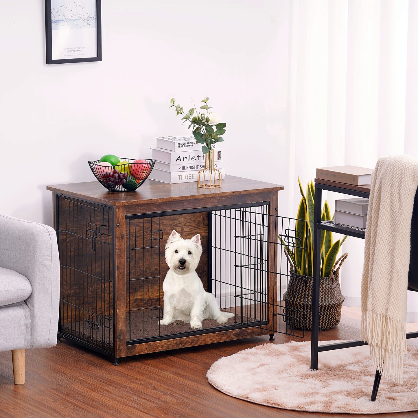 DWANTON Dog Crate Furniture with Cushion, Wooden Kennel Table with Double Doors, Indoor Dog House, Small/Medium/Large/Extra Large Size, 27.2" L, Rustic Brown