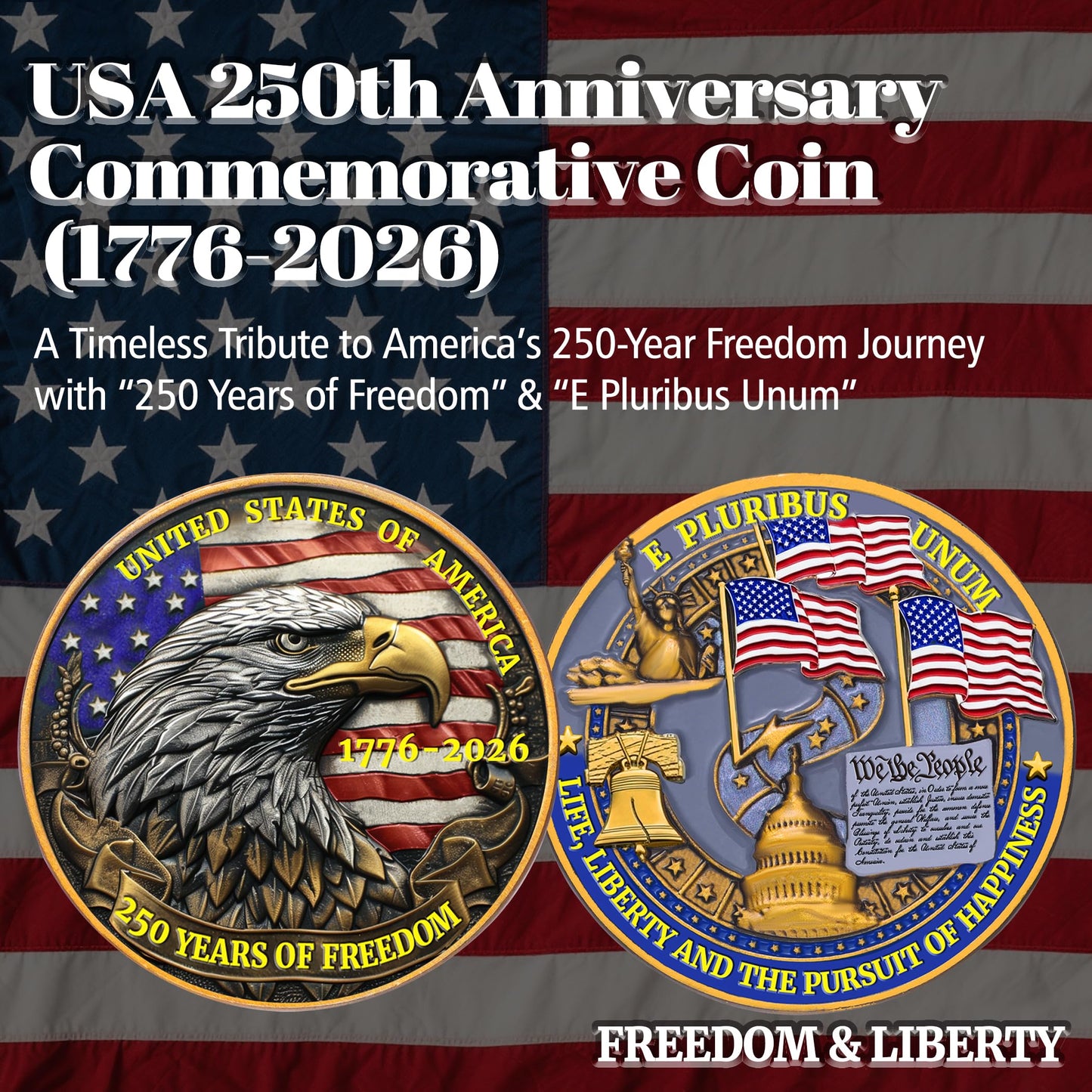 USA 250th Anniversary Commemorative Coin - American Eagle & Patriotic Symbols Collectible - America 250 Merchandise for Celebration & Gifting (1776-2026) (250 Eagle)