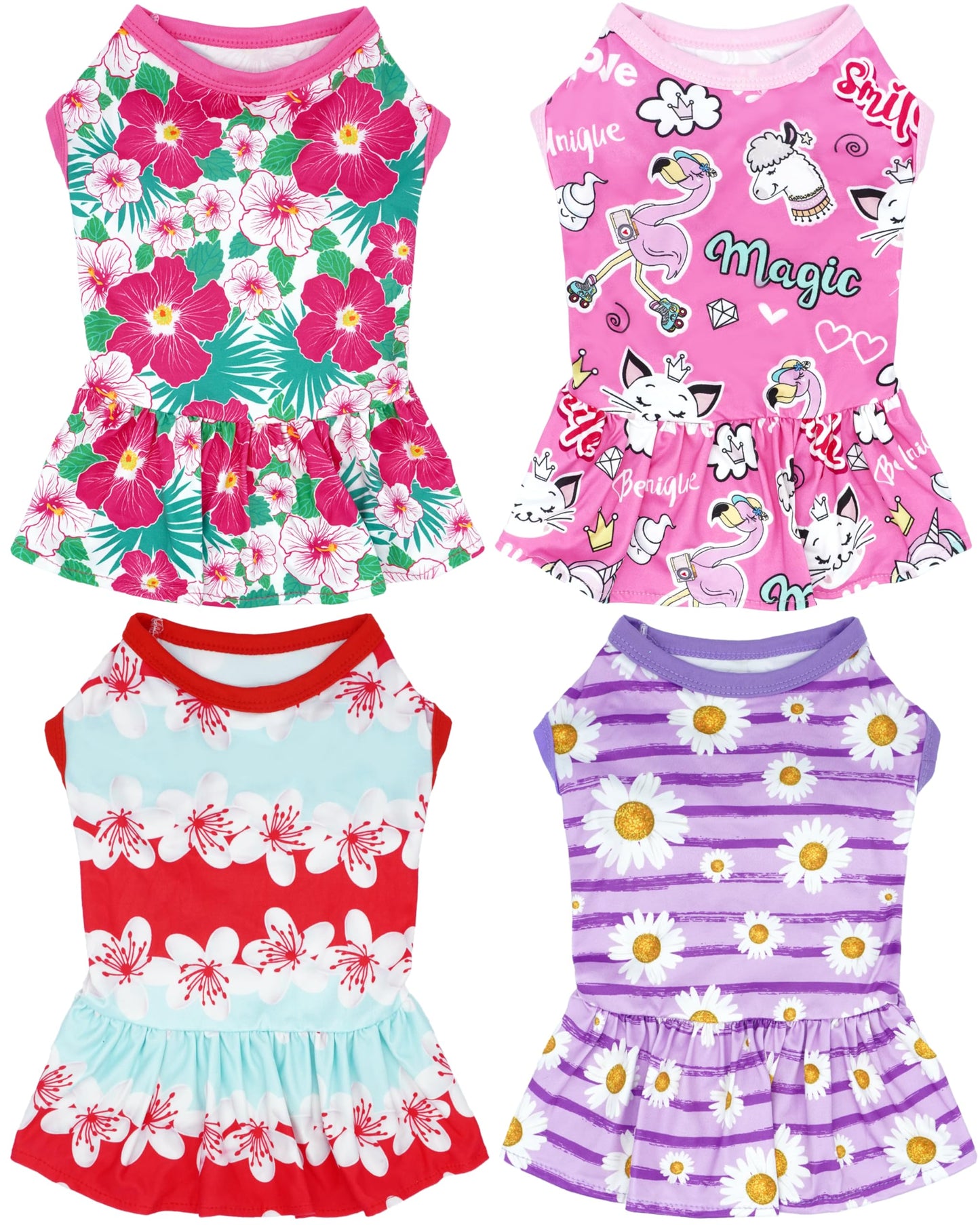 JpGdn 4PCS Dog Dresses Shirts for Small Dogs Girl Female Pink Purple Red Puppies Doggies Kittens Skirts Summer Clothes Pet Apparel Floral Sundress Small Daisy Unicorn Stretchable Outfit S