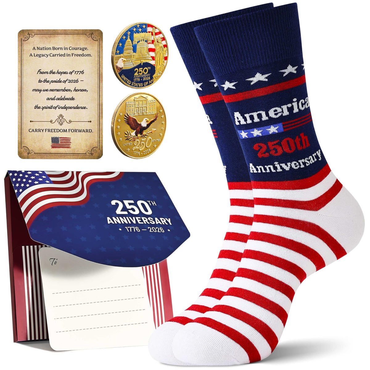 Moyel 250 Anniversary USA Gift Set 250th Anniversary Socks Challenge Coins Card Turning Point America Merchandise Patriotic Accessories fourth of july Veterans Day Gifts