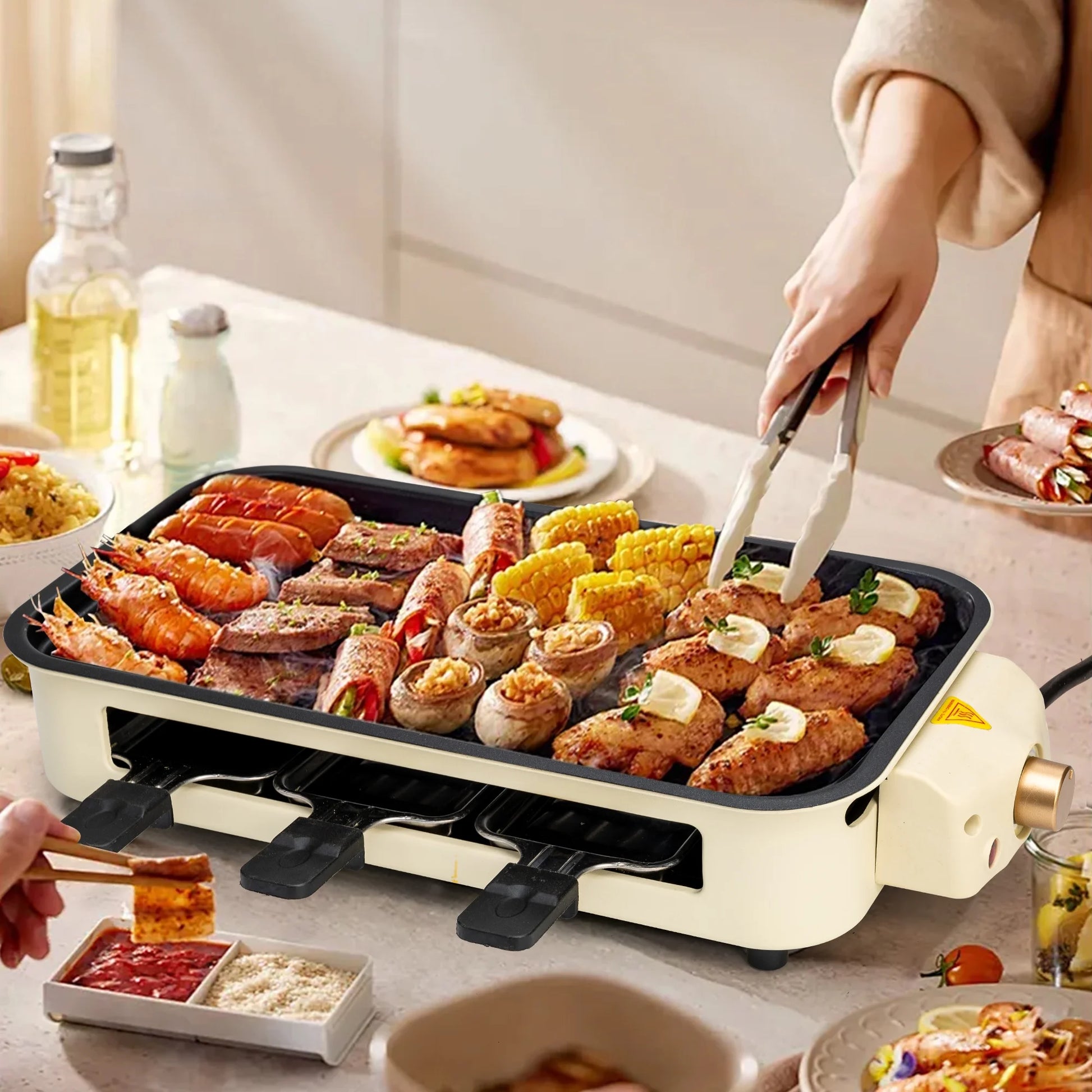 1500W Indoor Electric Smokeless Grill with Non-Stick Surface and 3 Mini Raclette Pans - Perfect for Grilling, Roasting, and Frying, Easy to Clean (Beige)