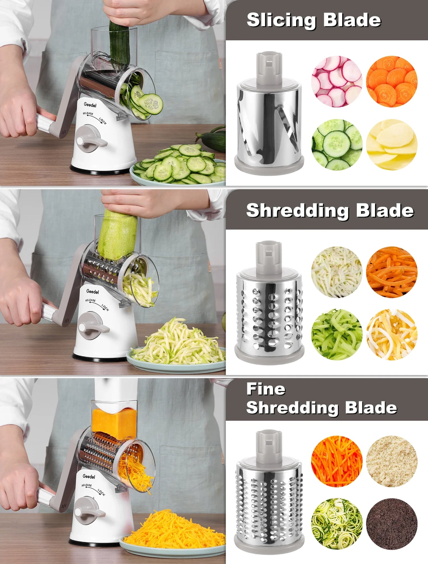 Rotary Cheese Grater, Kitchen Grater Vegetable Slicer with 5 Interchangeable Blades, Powerful Suction, Dishwasher Safe, Easy to Clean Grater for Vegetable, Fruit, Nuts, Gray