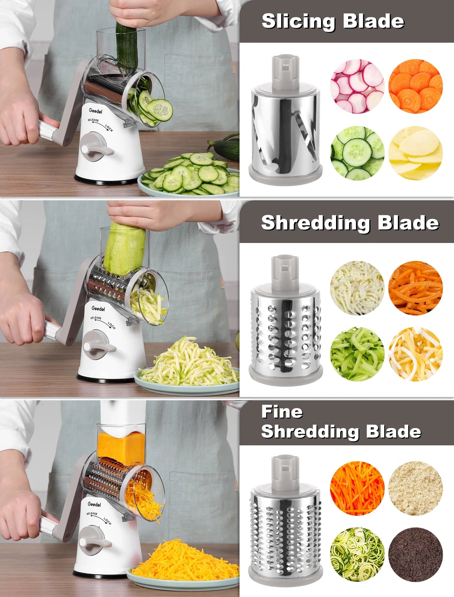 Rotary Cheese Grater, Kitchen Grater Vegetable Slicer with 5 Interchangeable Blades, Powerful Suction, Dishwasher Safe, Easy to Clean Grater for Vegetable, Fruit, Nuts, Gray