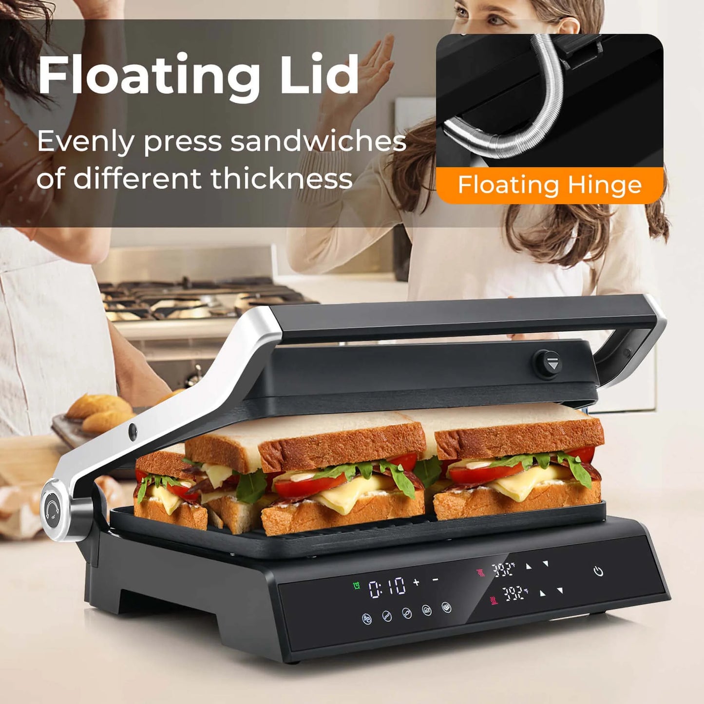 Electric Panini Press Grill Sandwich Maker with LED Display & Removable Drip Tray